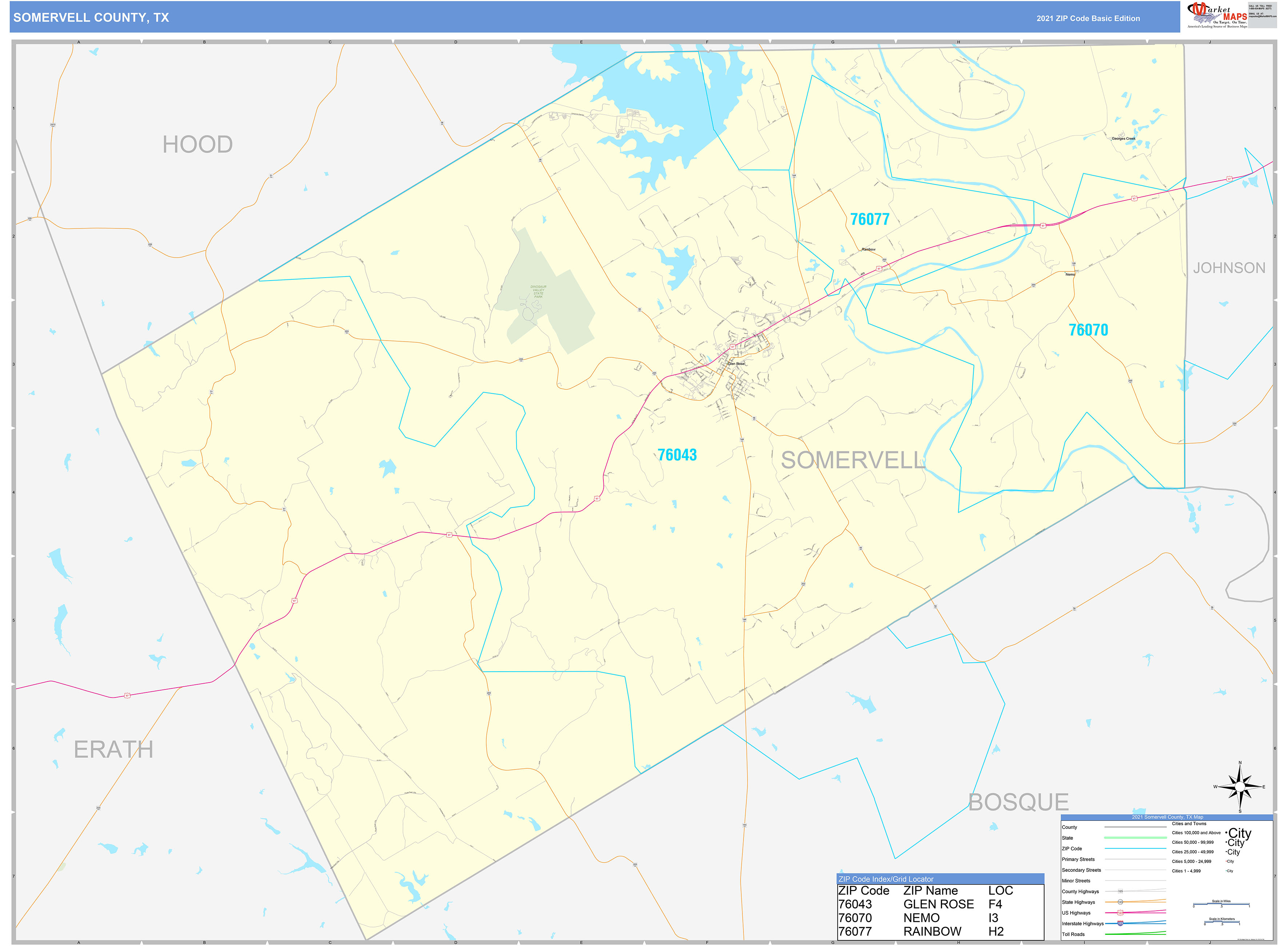 Somervell County, TX Zip Code Wall Map Basic Style by MarketMAPS MapSales