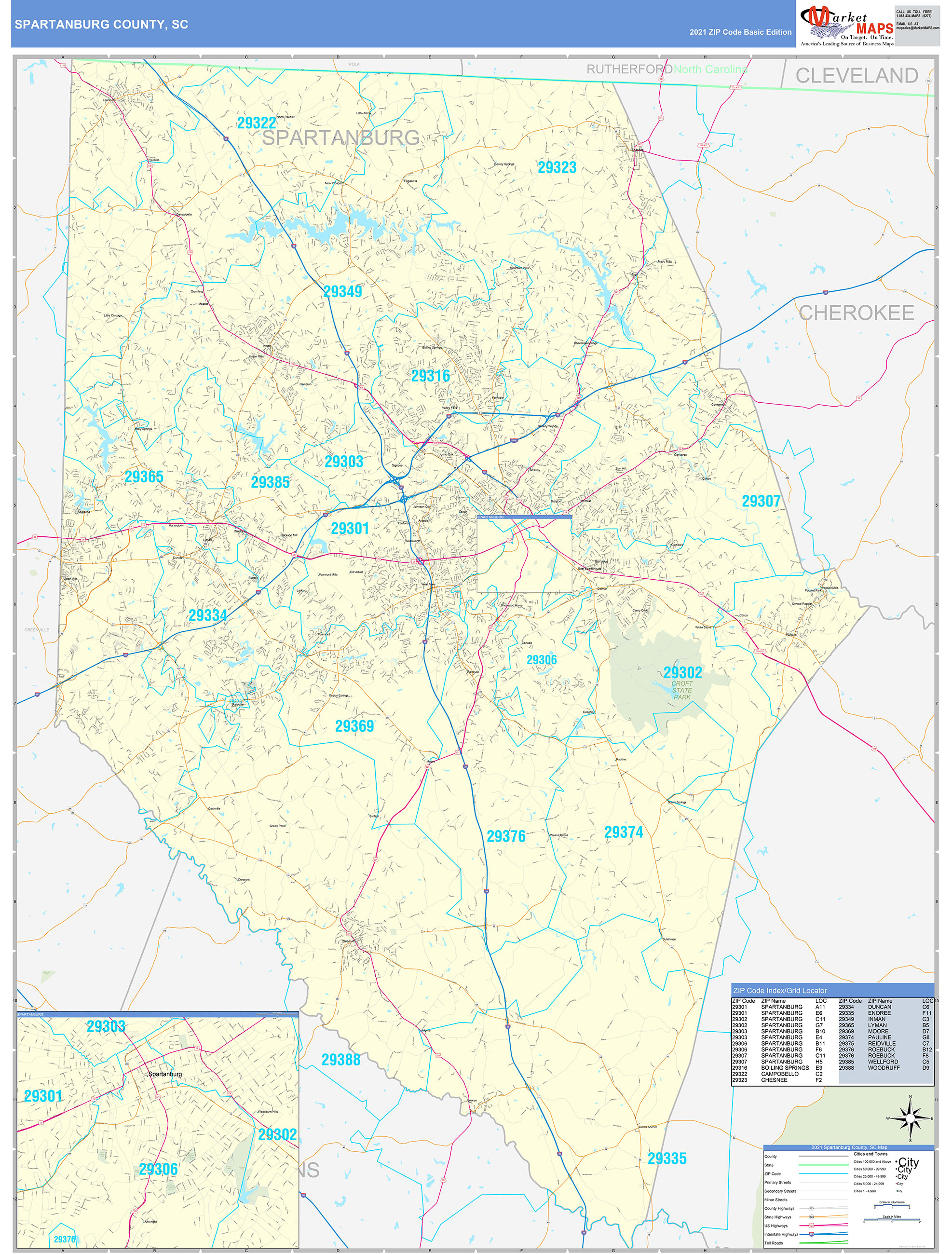 spartanburg-county-sc-zip-code-wall-map-basic-style-by-marketmaps