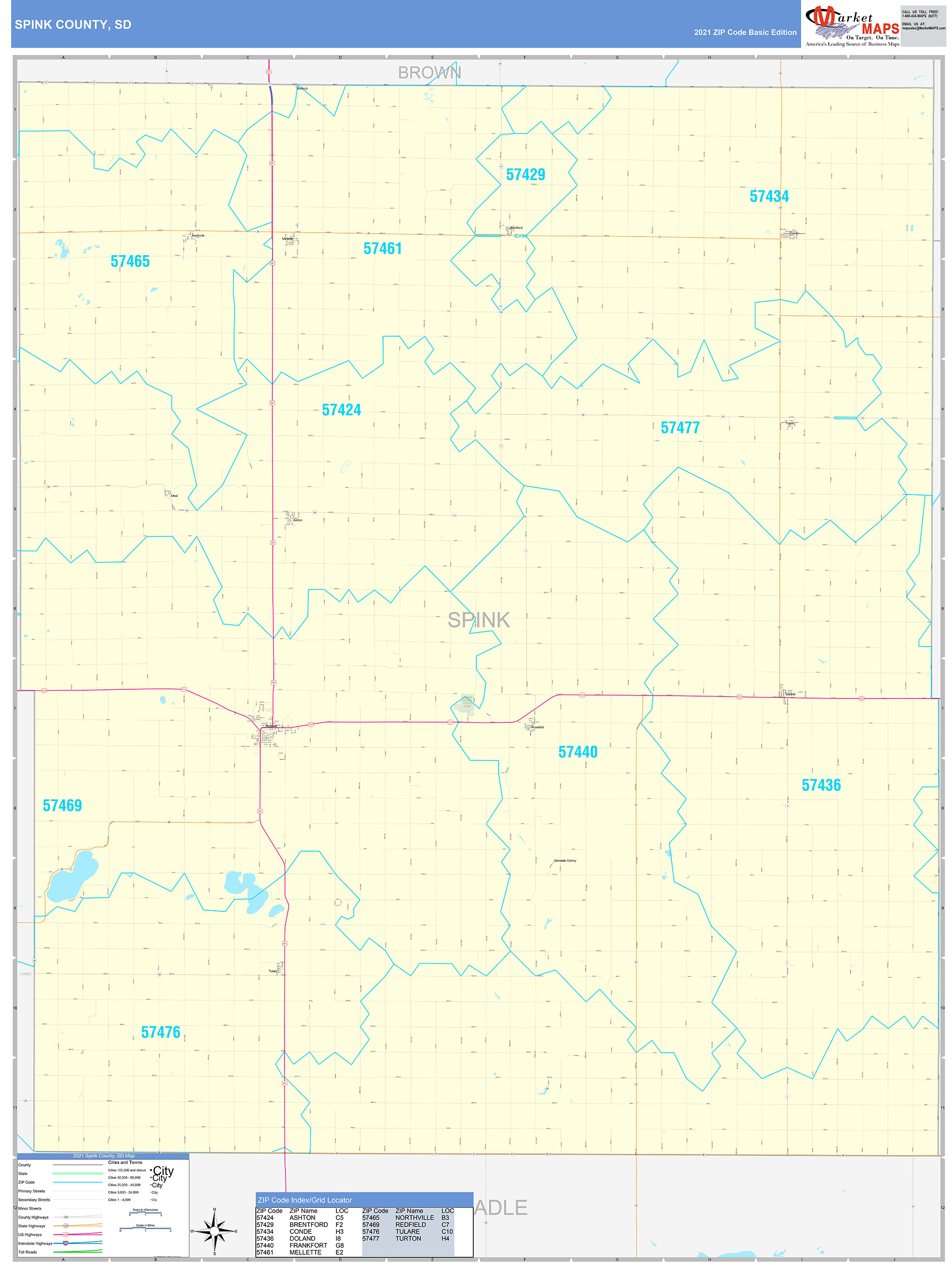 Spink County, SD Zip Code Wall Map Basic Style by MarketMAPS MapSales
