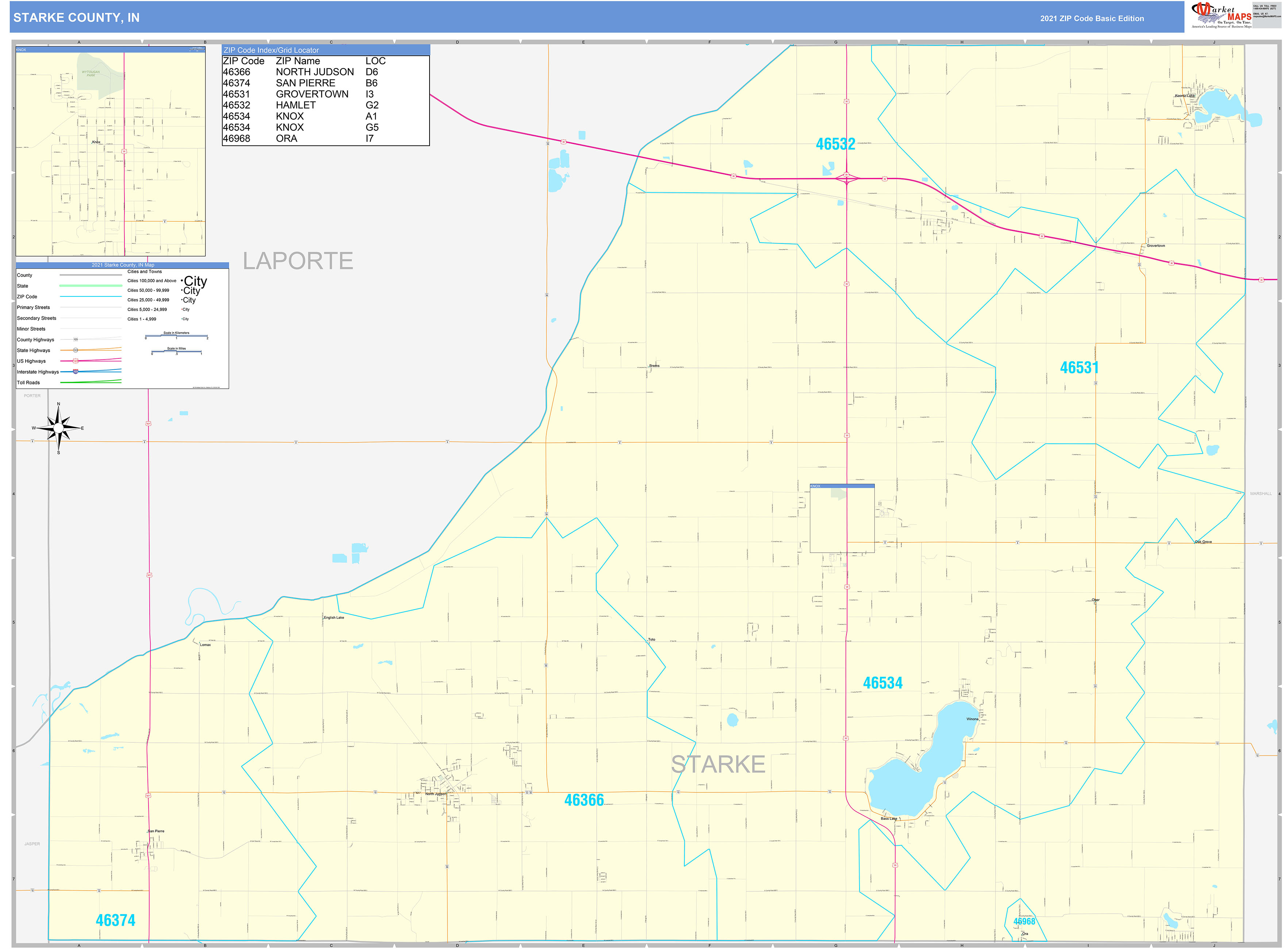 Starke County, IN Zip Code Wall Map Basic Style by MarketMAPS