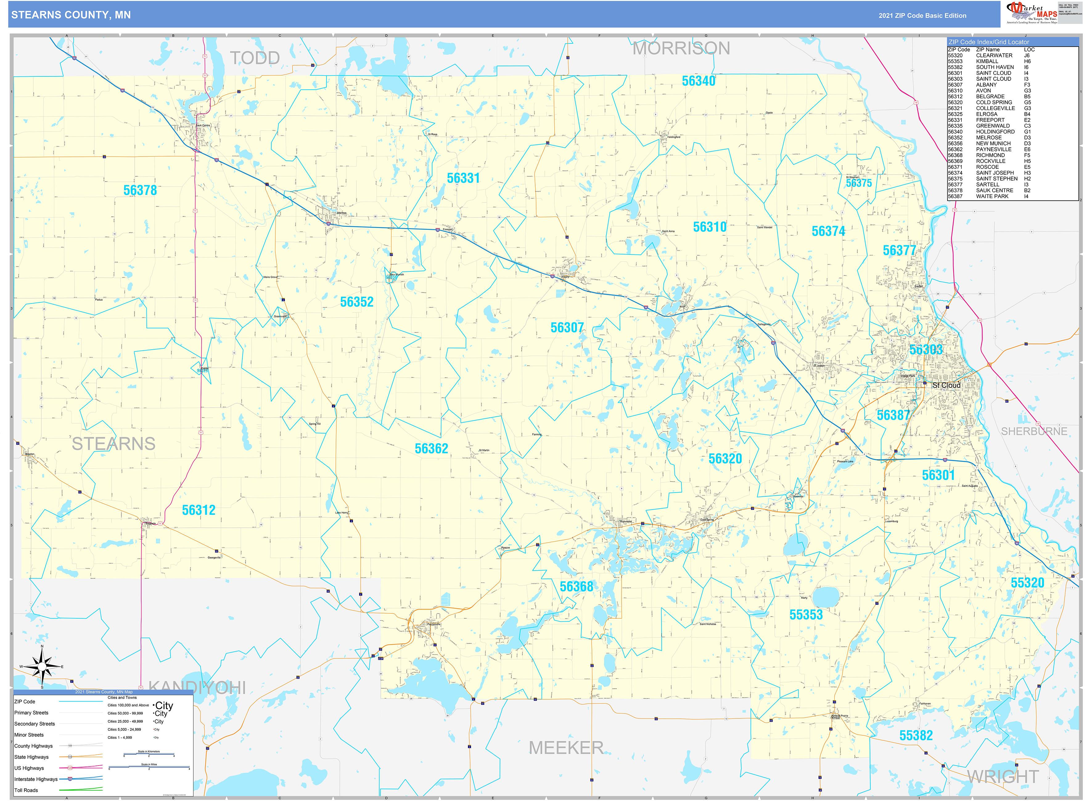 Stearns County, MN Zip Code Wall Map Basic Style by MarketMAPS MapSales