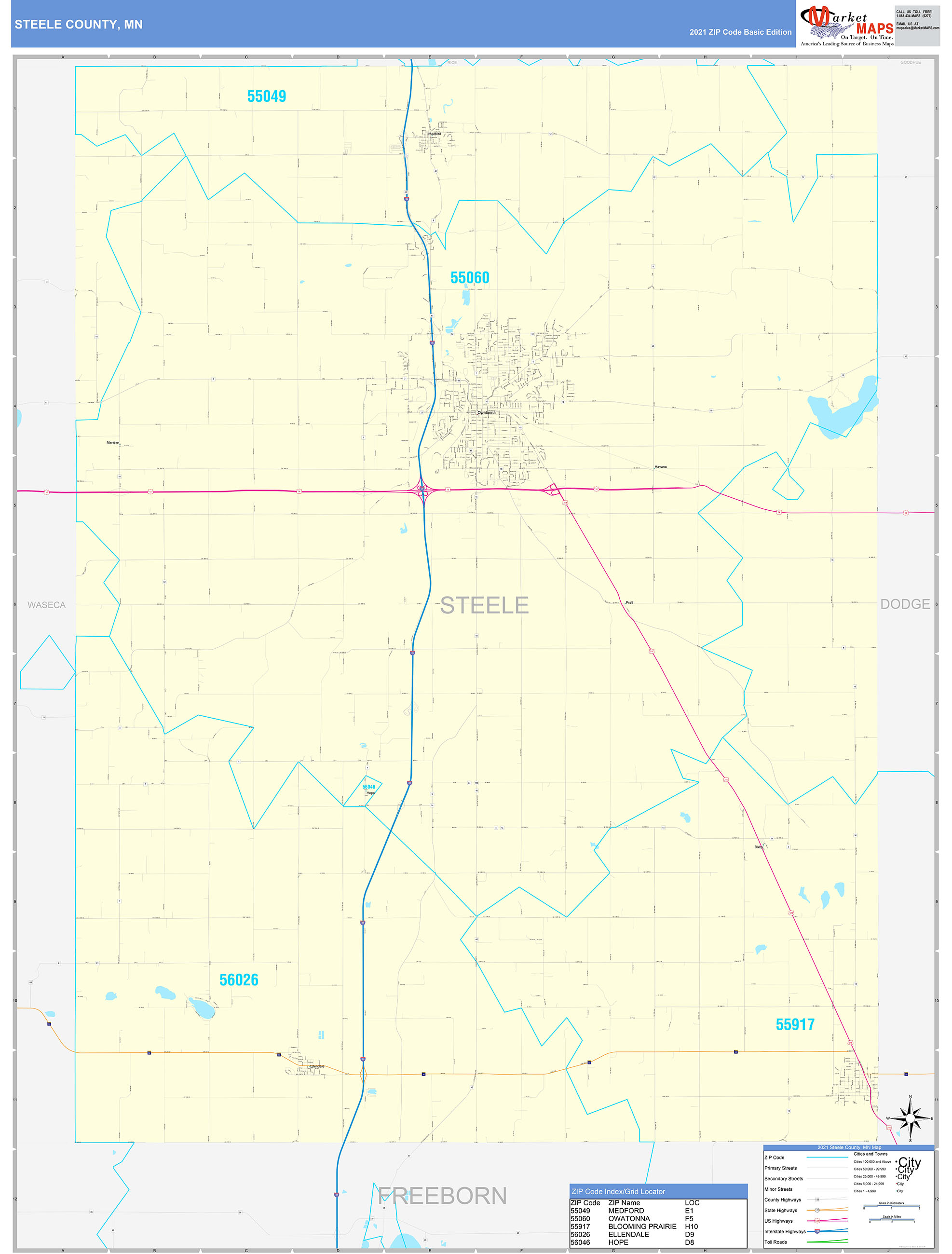 Steele County, MN Zip Code Wall Map Basic Style by MarketMAPS