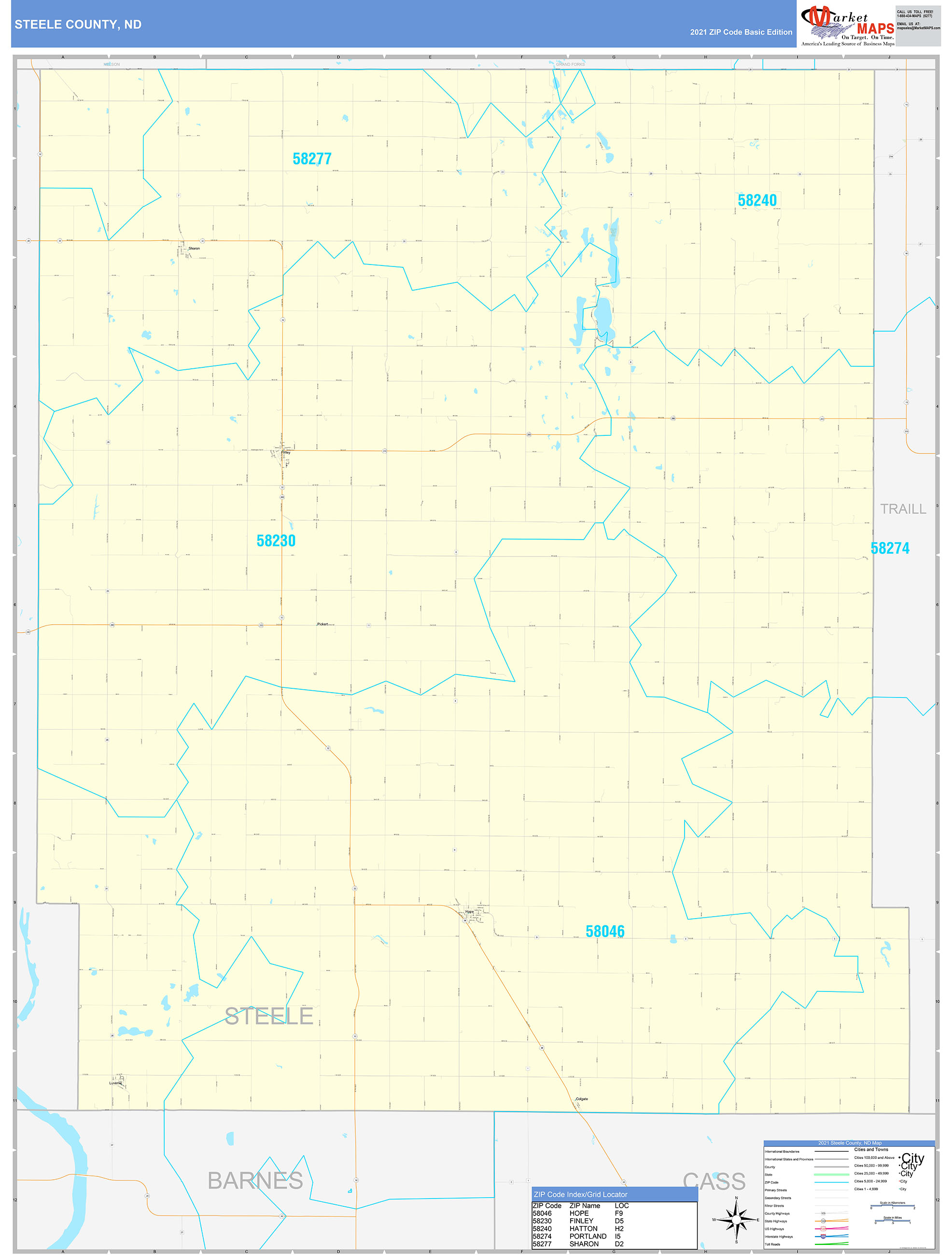 Steele County, ND Zip Code Wall Map Basic Style by MarketMAPS