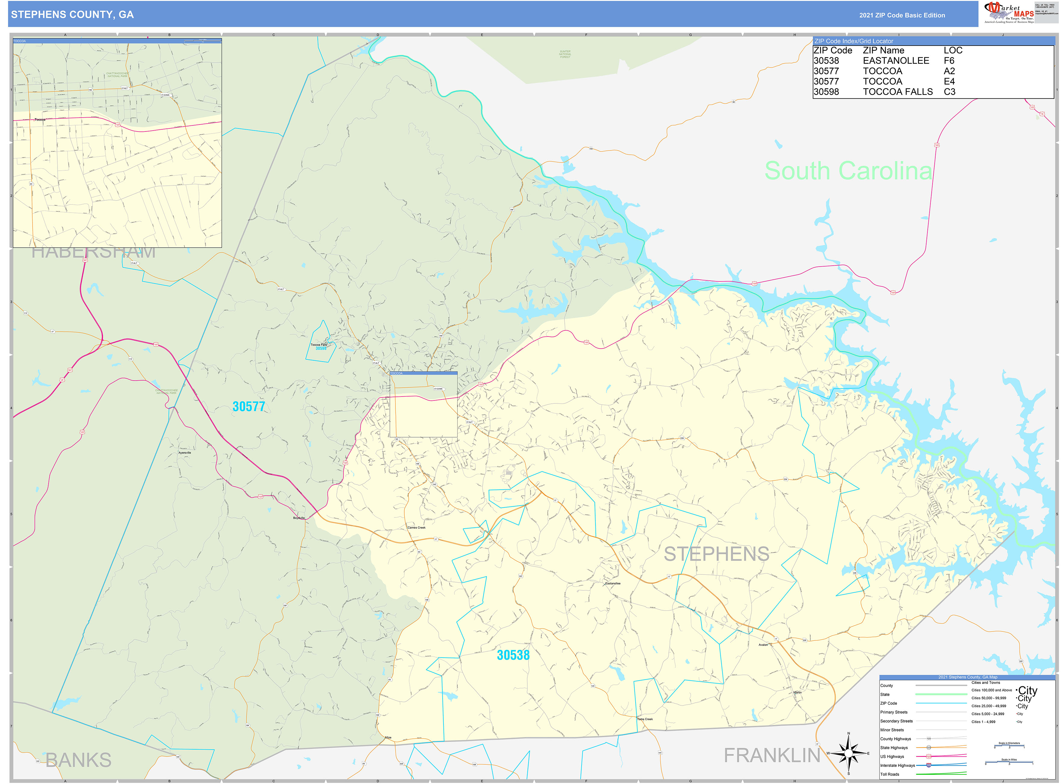 Stephens County, GA Zip Code Wall Map Basic Style by MarketMAPS - MapSales