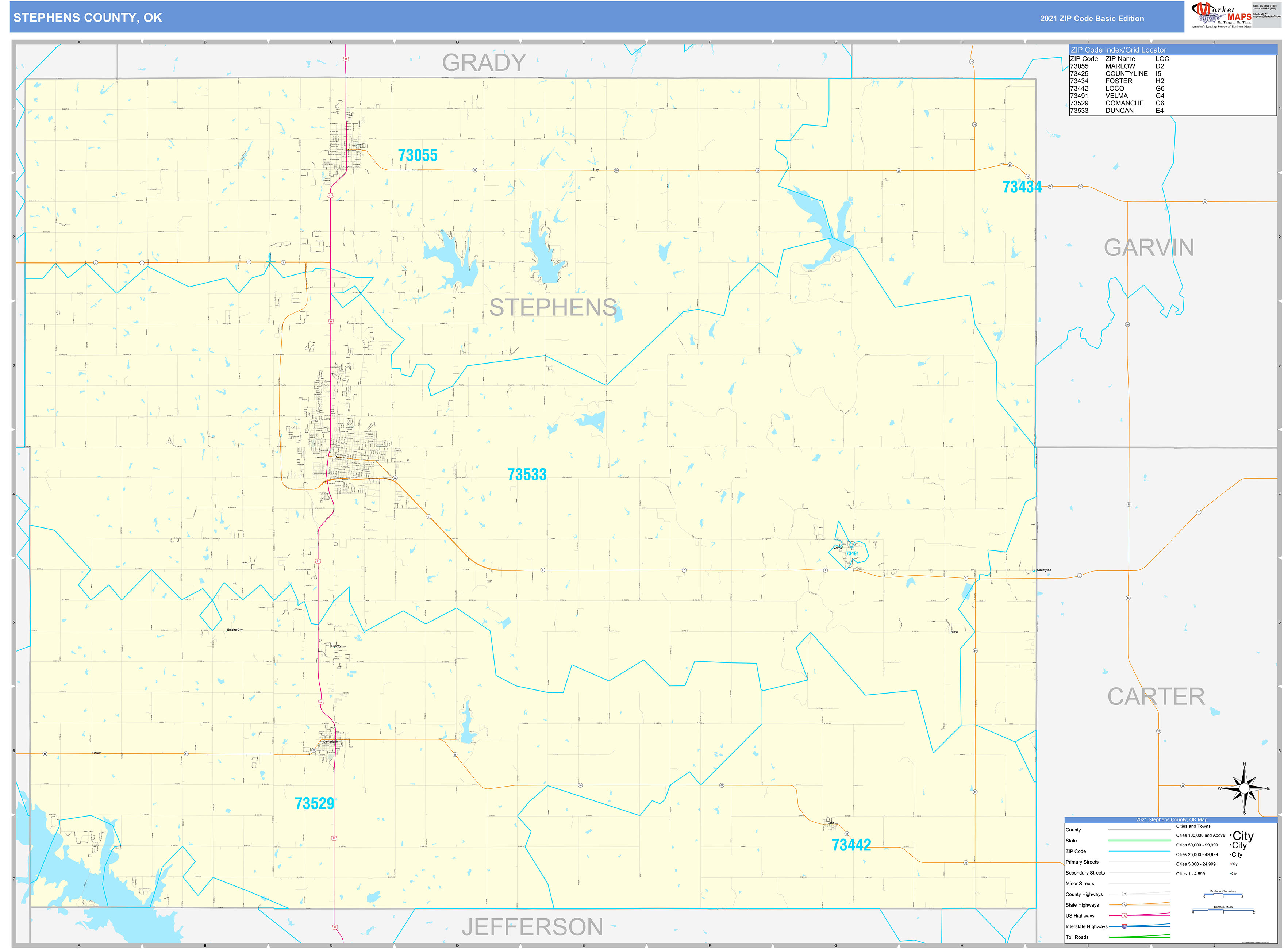 Stephens County, OK Zip Code Wall Map Basic Style by MarketMAPS MapSales