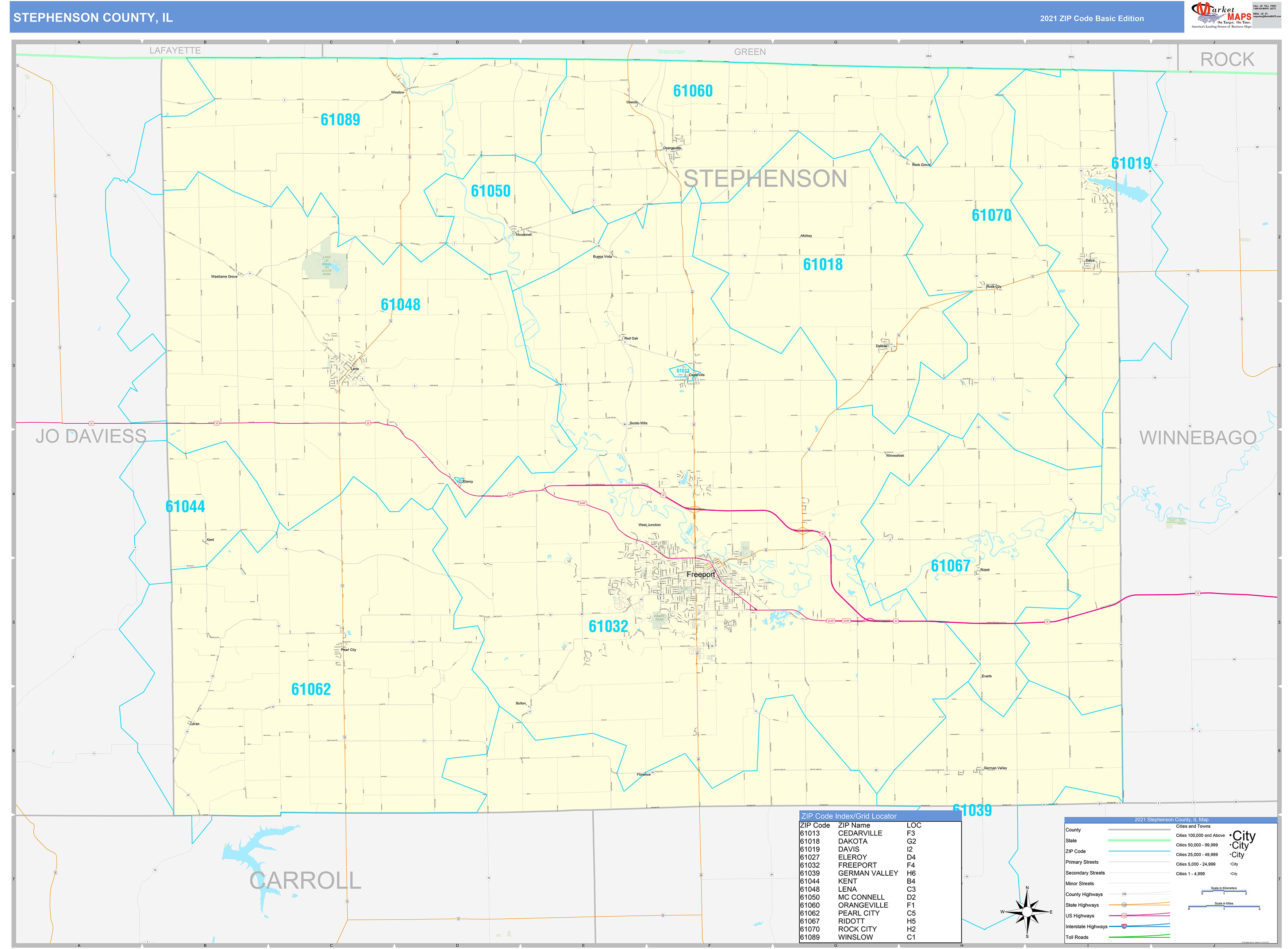 Stephenson County, IL Zip Code Wall Map Basic Style by MarketMAPS