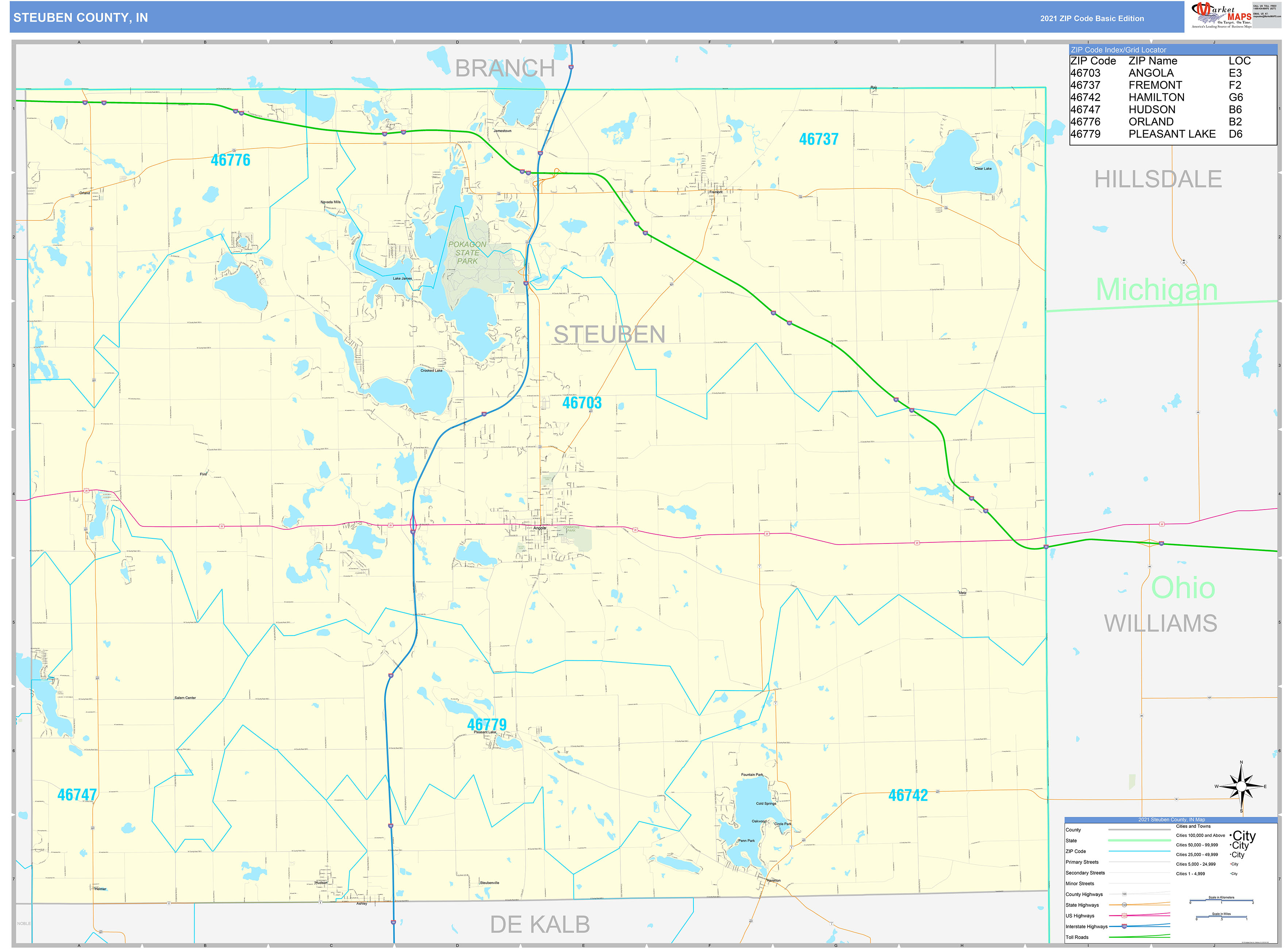 Steuben County, IN Zip Code Wall Map Basic Style by MarketMAPS