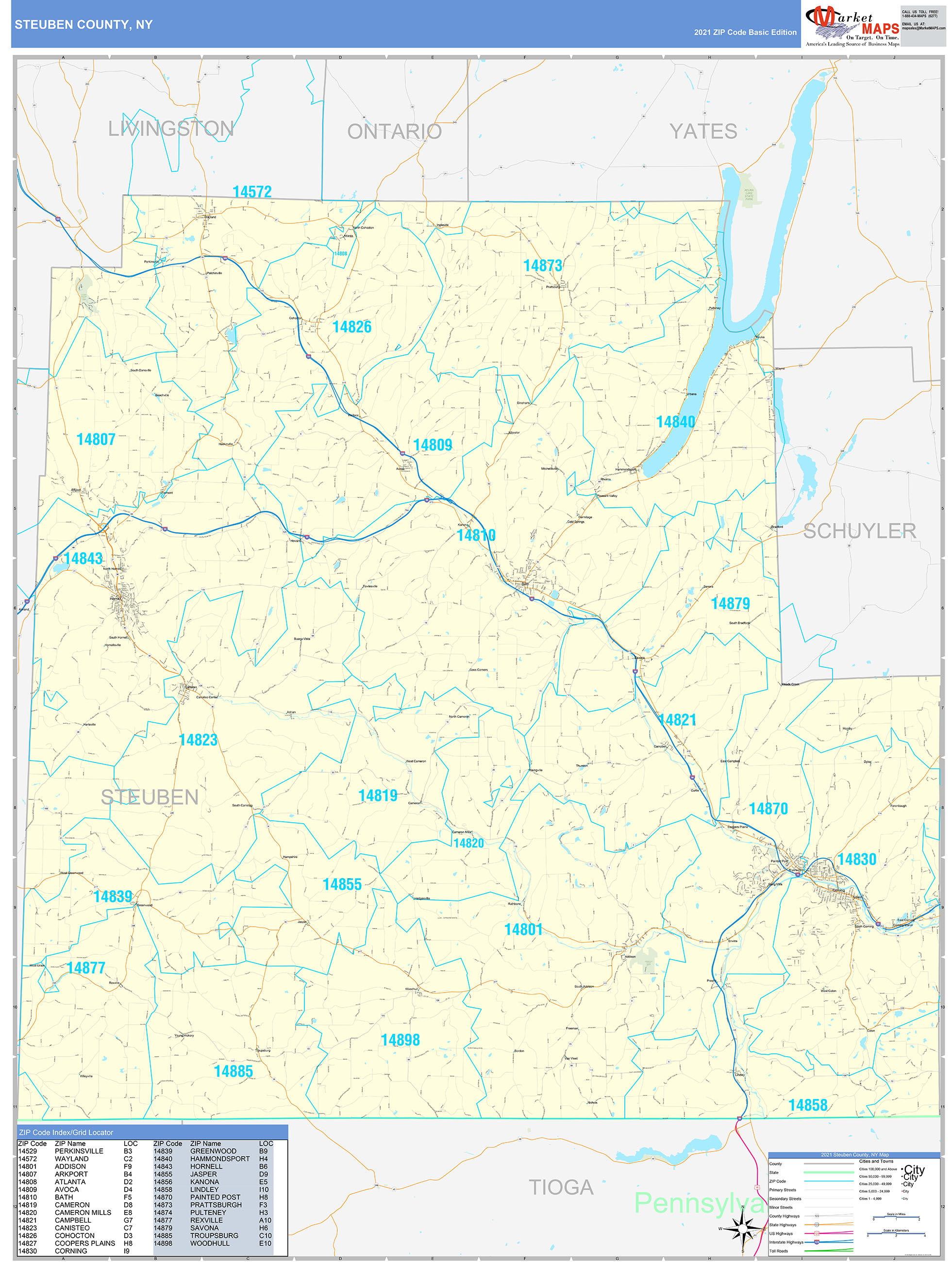 Steuben County, NY Zip Code Wall Map Basic Style by MarketMAPS MapSales