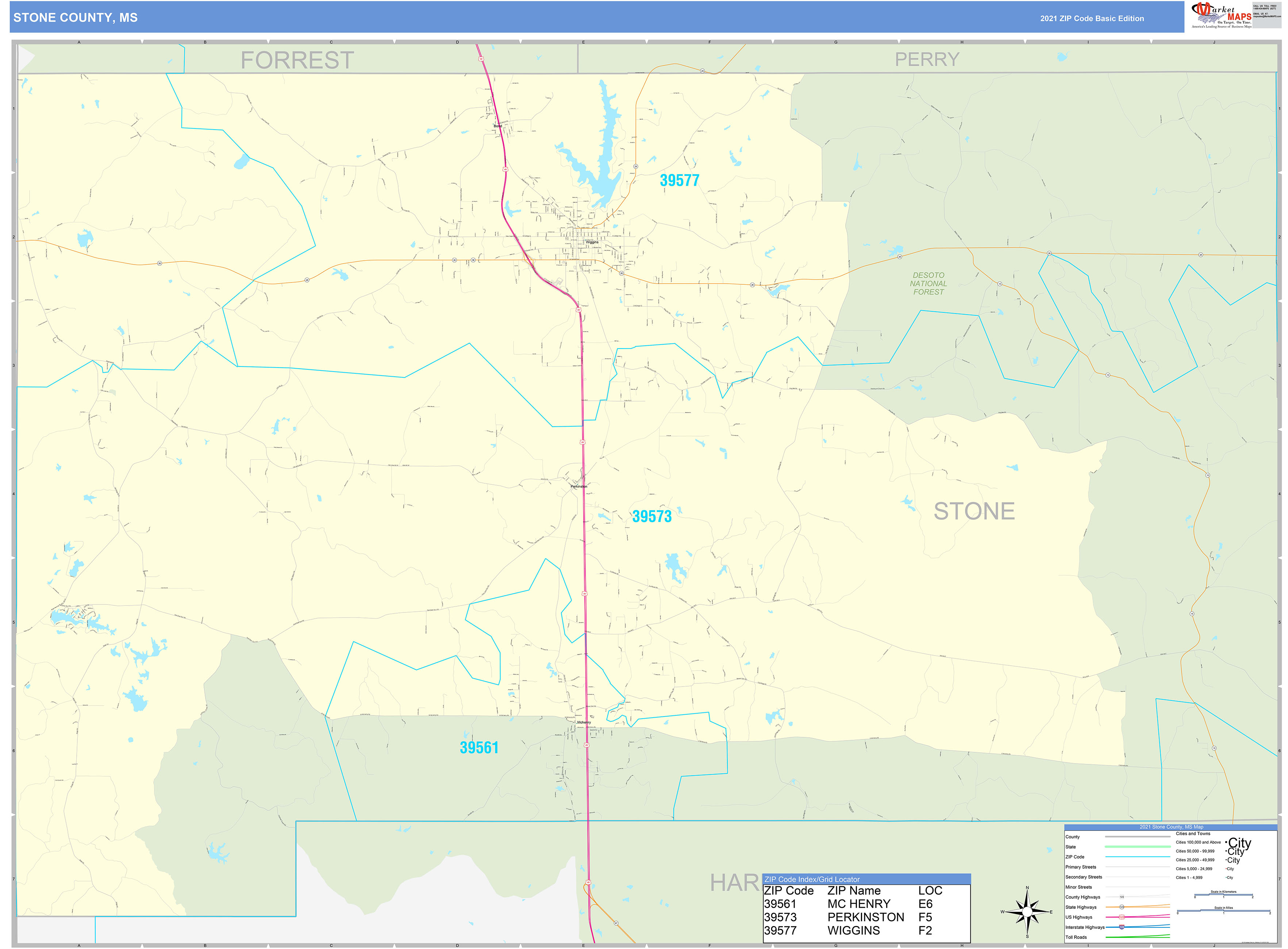 Stone County, MS Zip Code Wall Map Basic Style by MarketMAPS