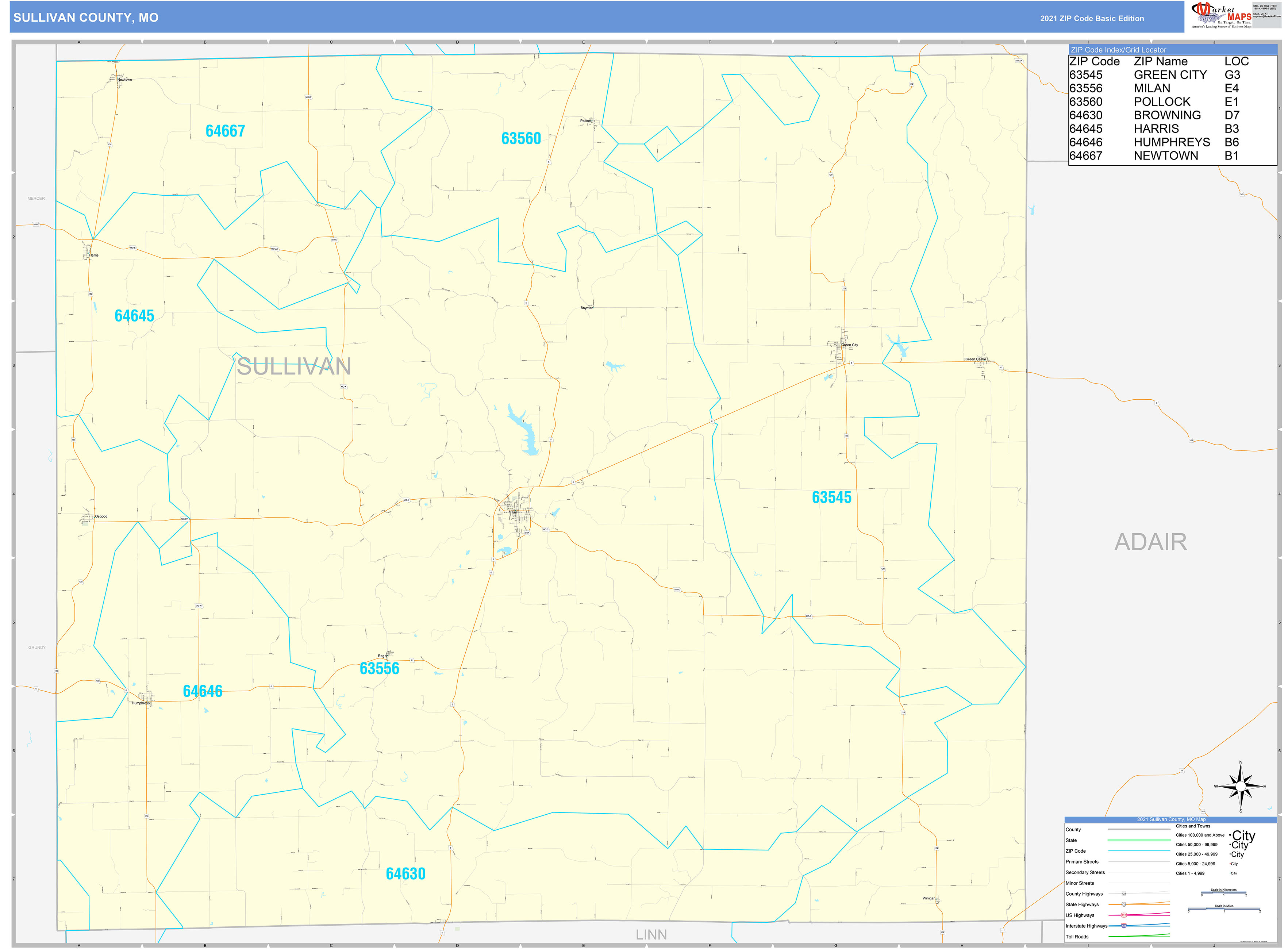 Sullivan County, MO Zip Code Wall Map Basic Style by MarketMAPS