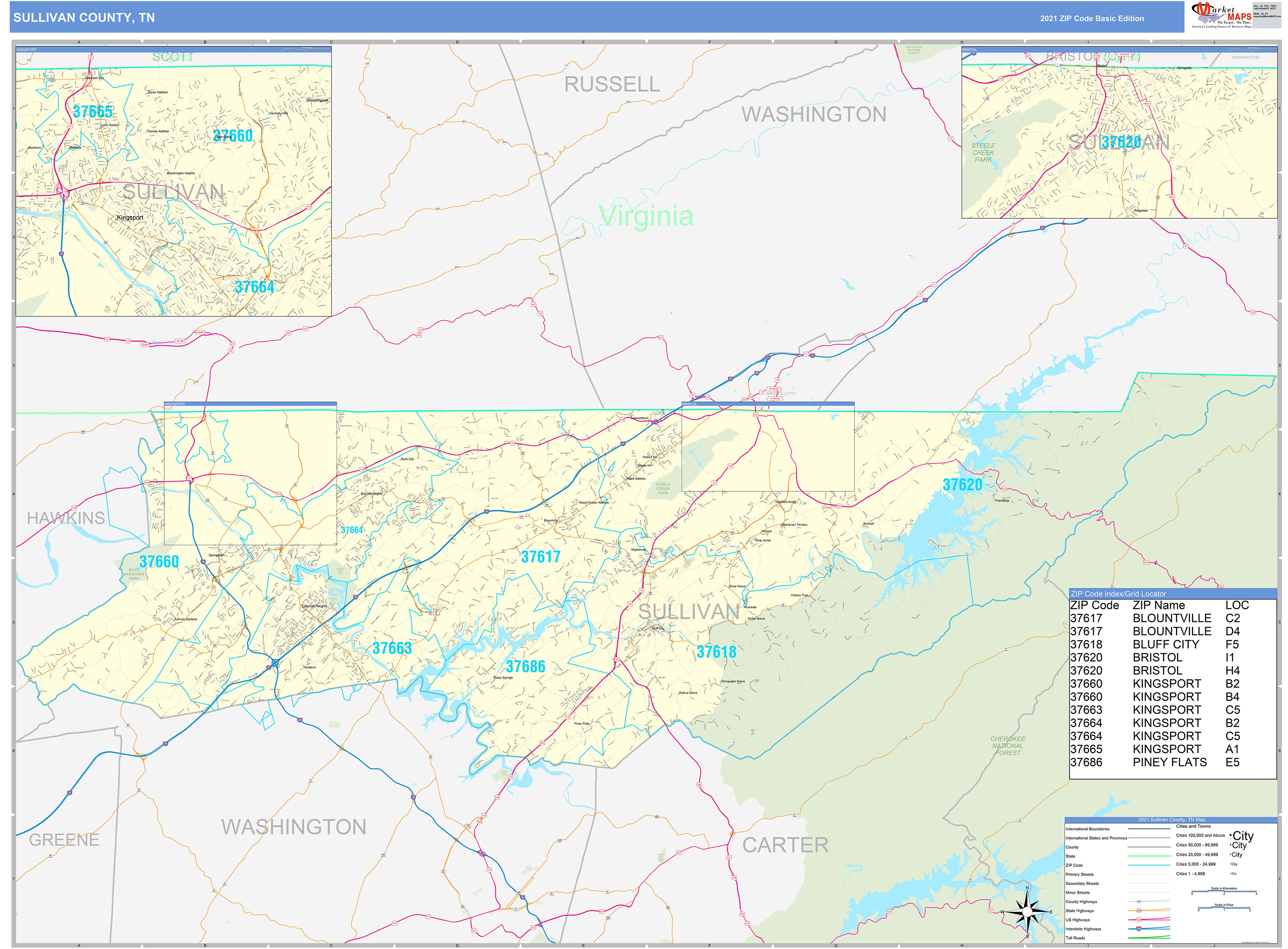 Sullivan County Tn Zip Code Wall Map Basic Style By Marketmaps