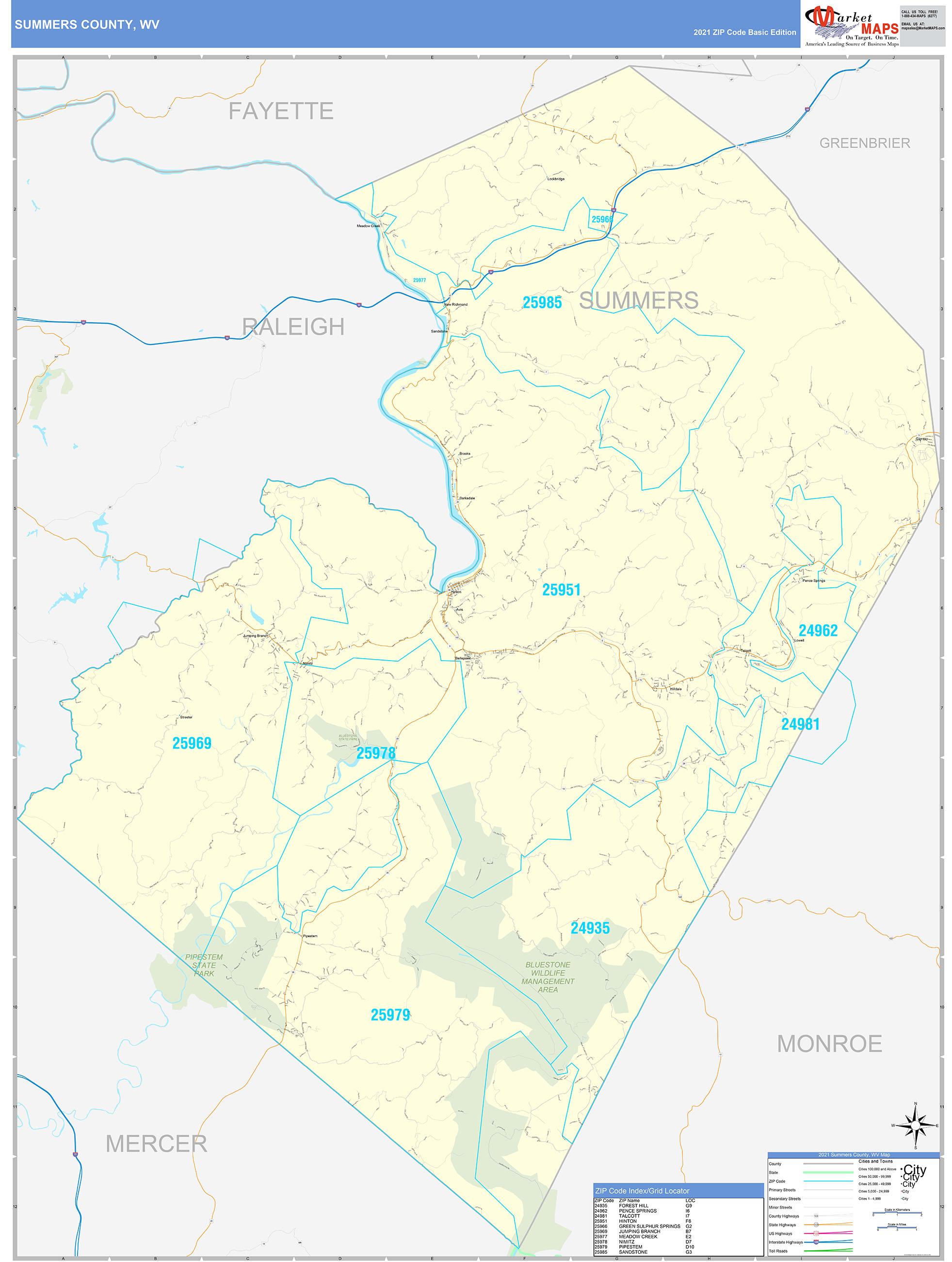 Summers County, WV Zip Code Wall Map Basic Style by MarketMAPS