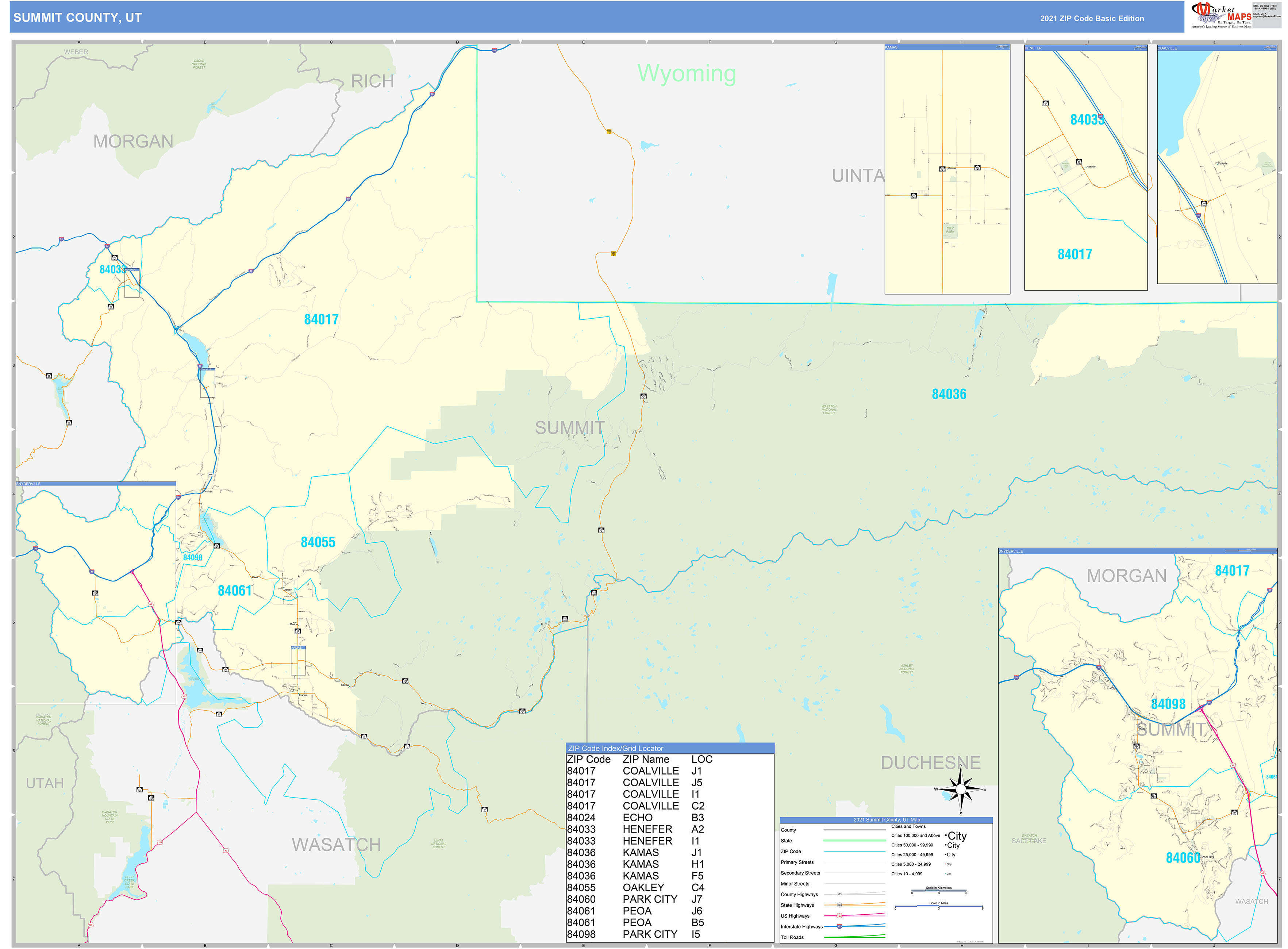 Summit County, UT Zip Code Wall Map Basic Style by MarketMAPS MapSales