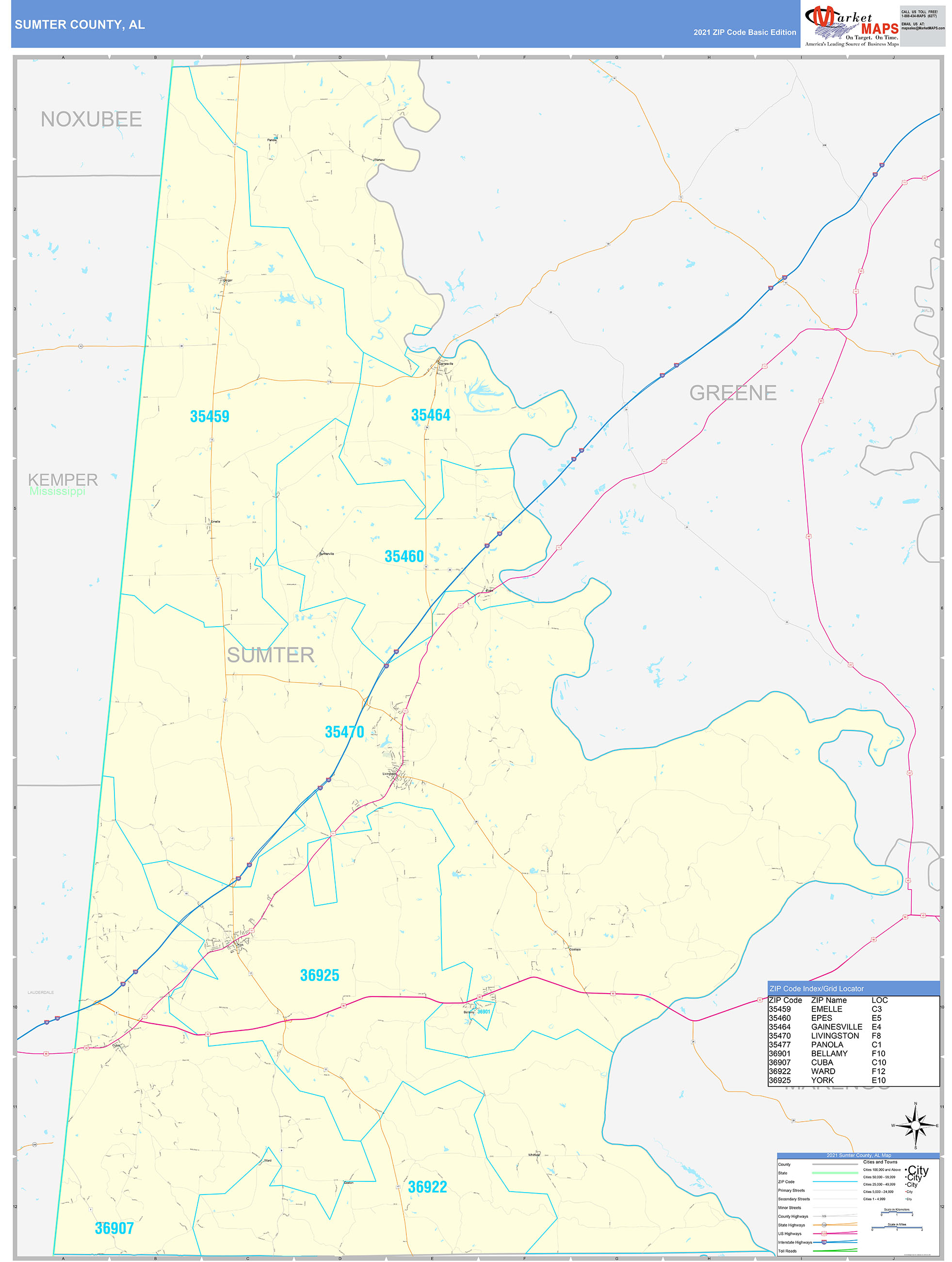 Sumter County, AL Zip Code Wall Map Basic Style by MarketMAPS MapSales