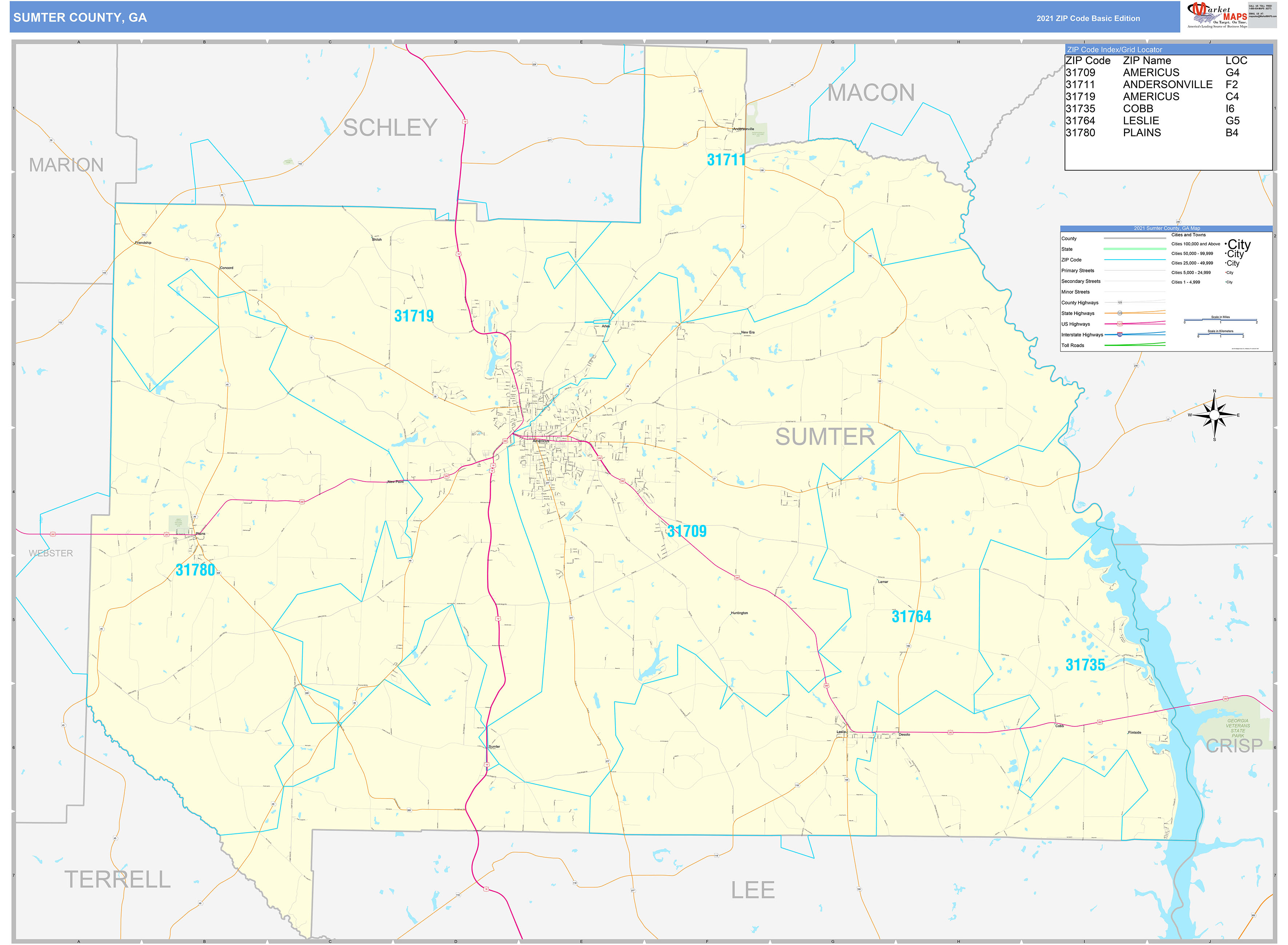 Sumter County, GA Zip Code Wall Map Basic Style by MarketMAPS - MapSales