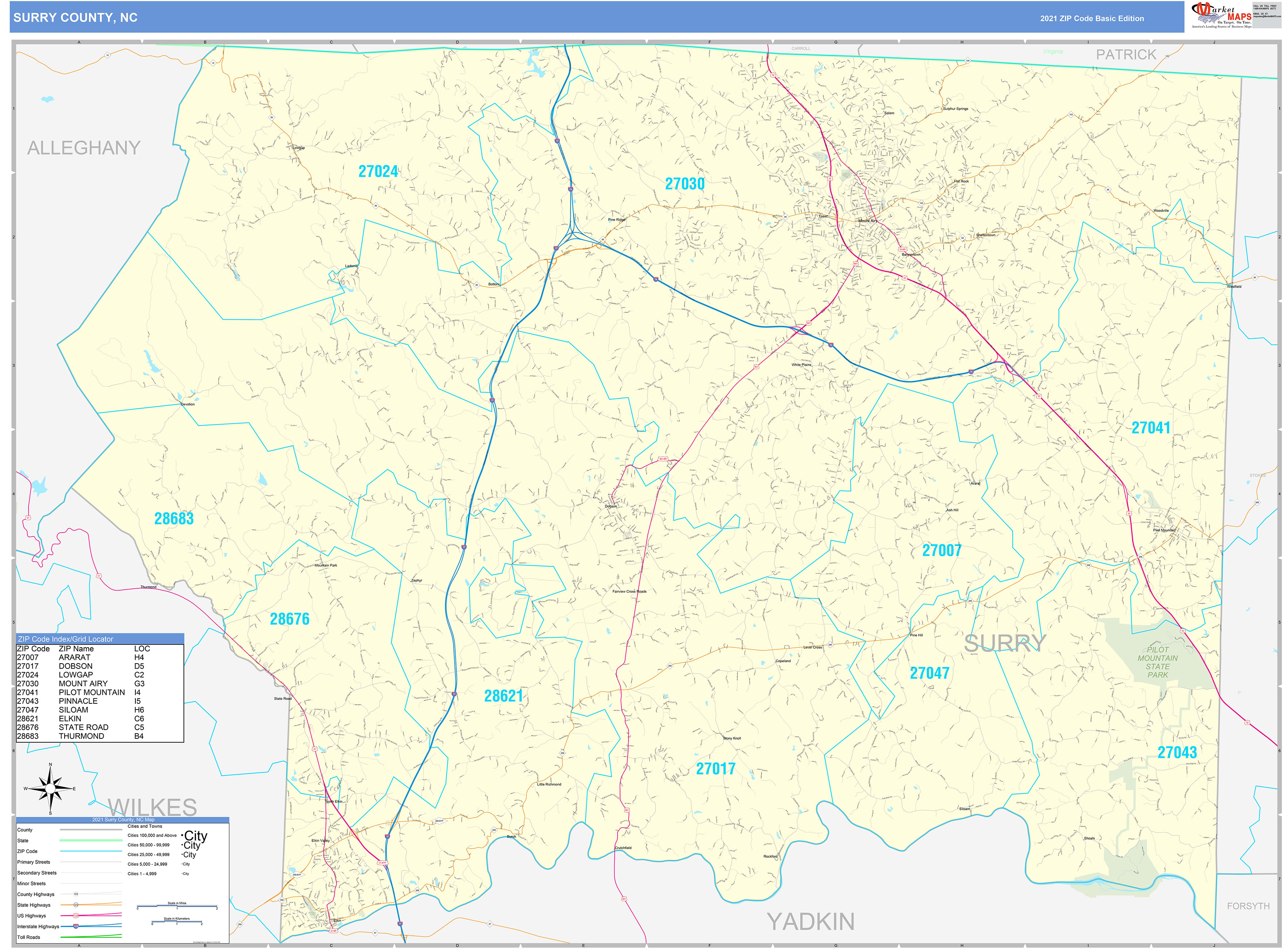 Surry County, NC Zip Code Wall Map Basic Style by MarketMAPS MapSales