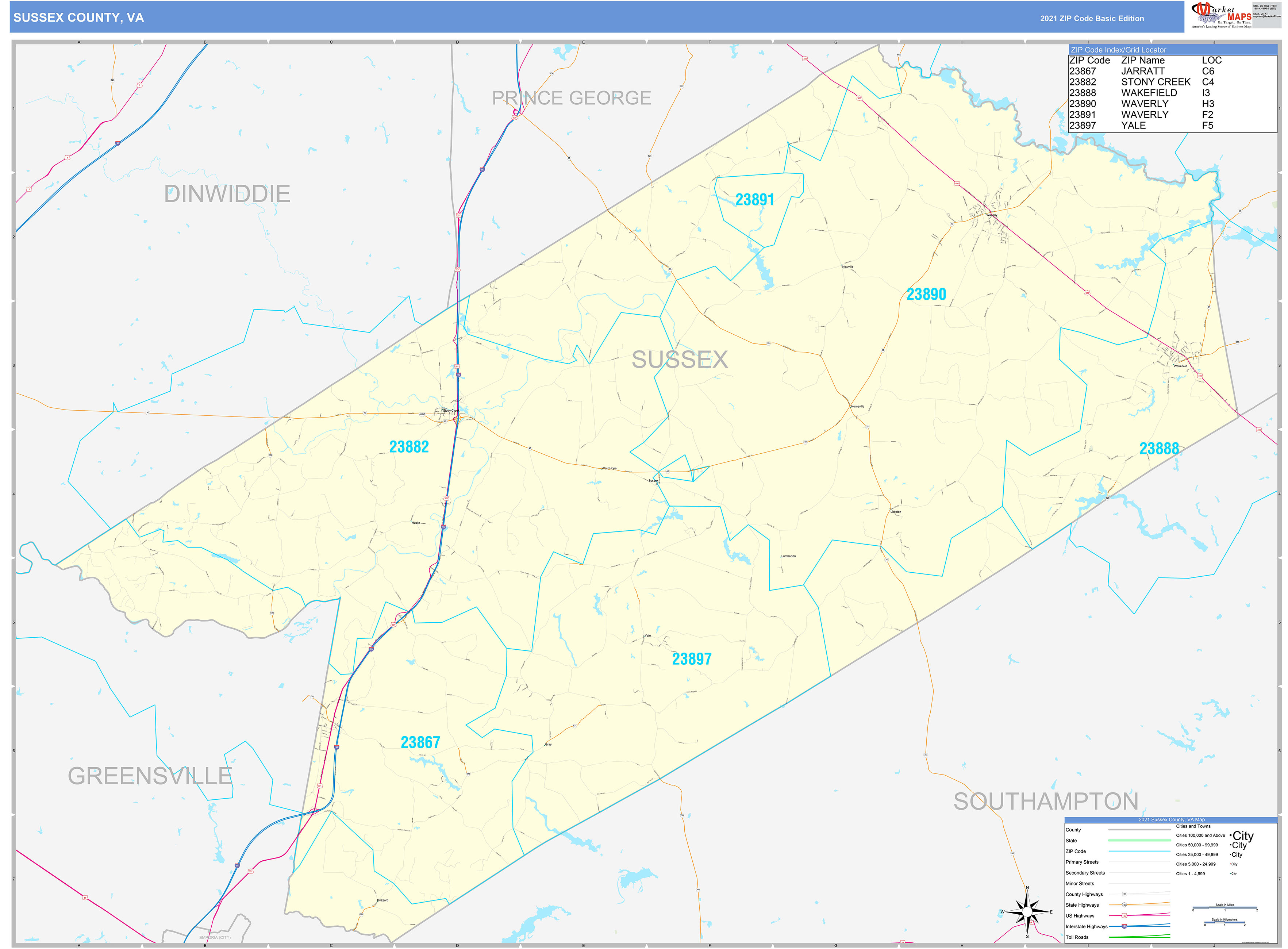 Sussex County, VA Zip Code Wall Map Basic Style by MarketMAPS