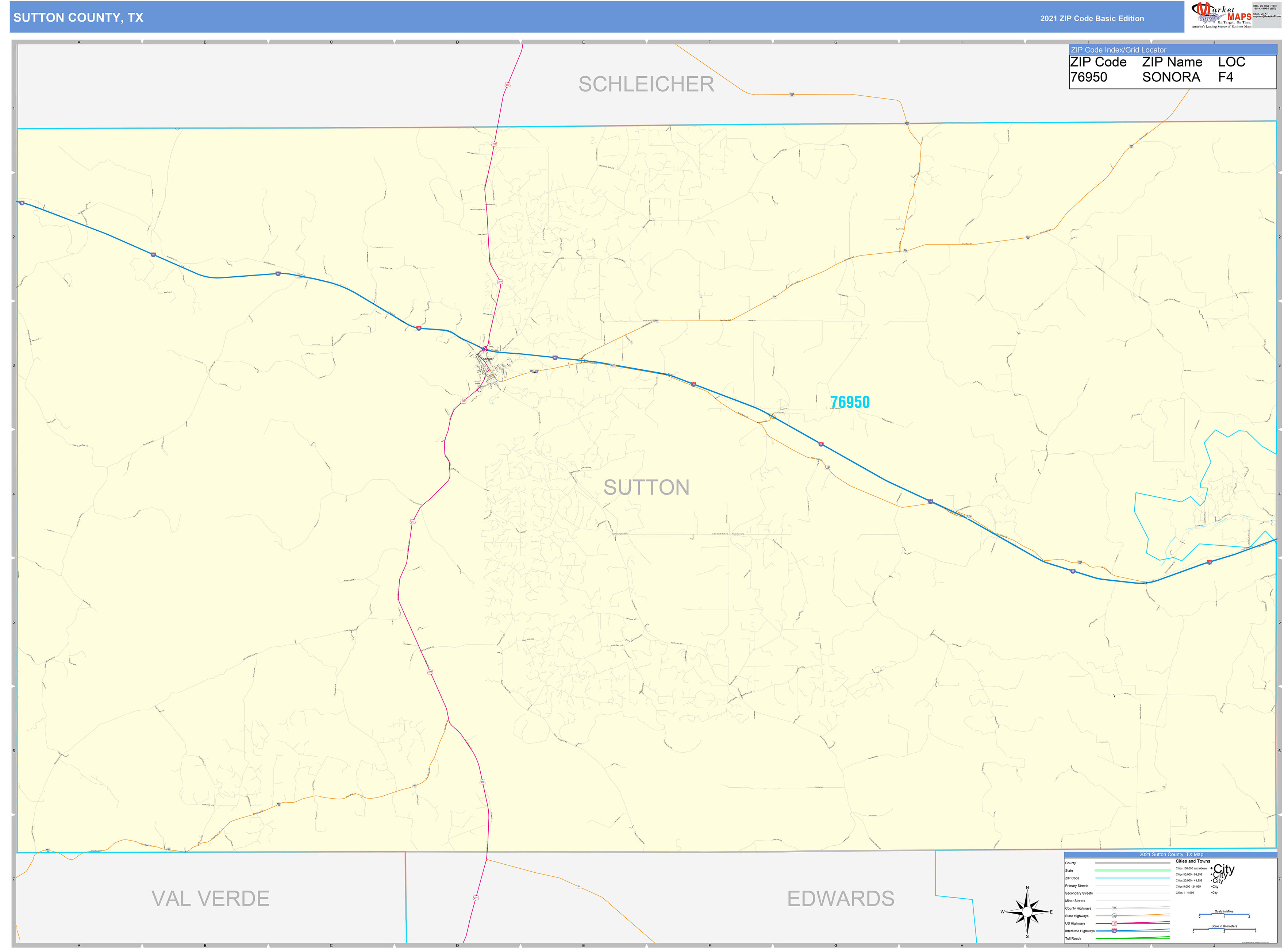 Sutton County, TX Zip Code Wall Map Basic Style by MarketMAPS MapSales
