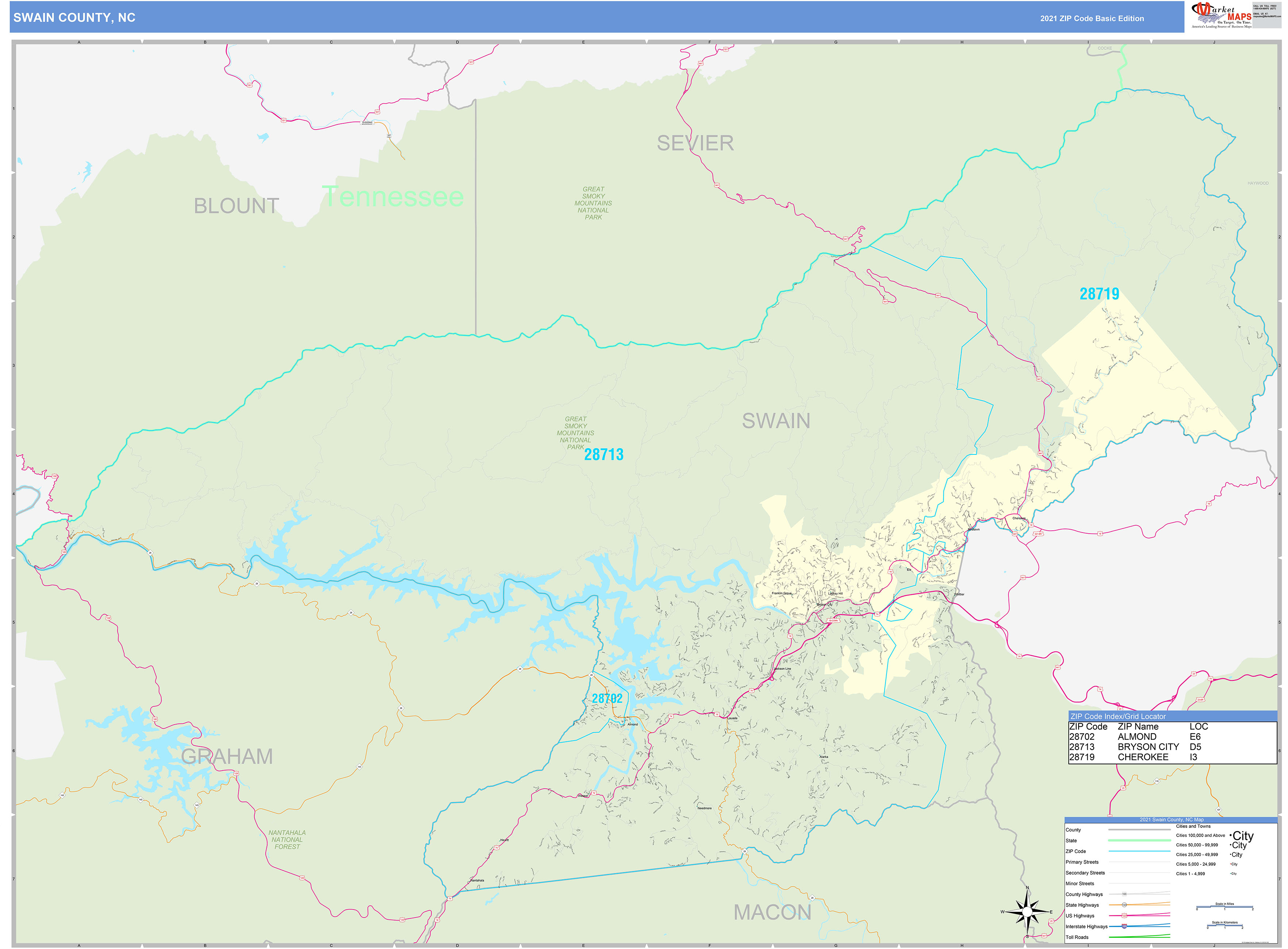 Swain County, NC Zip Code Wall Map Basic Style by MarketMAPS