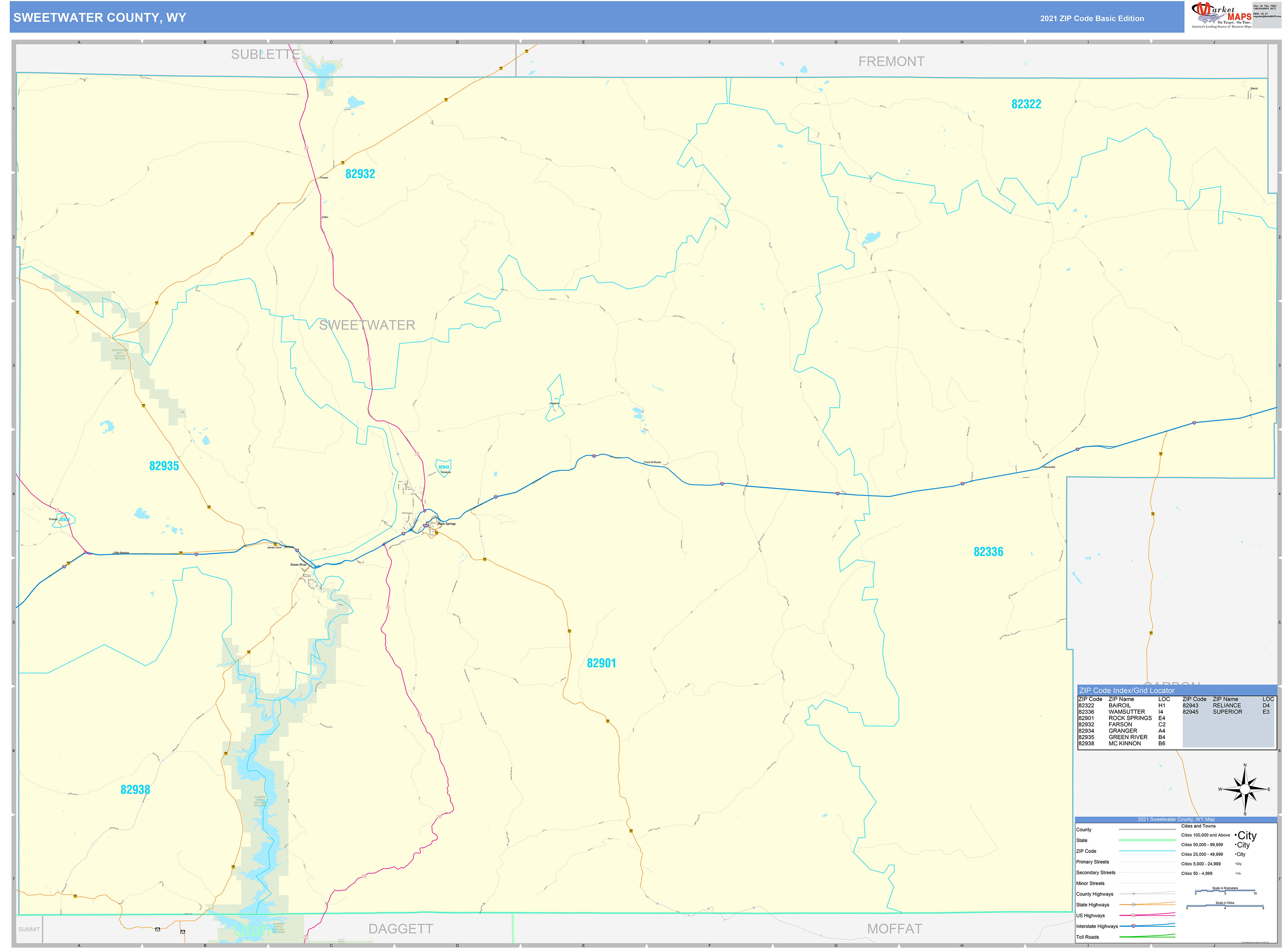 Sweetwater County, WY Zip Code Wall Map Basic Style by MarketMAPS
