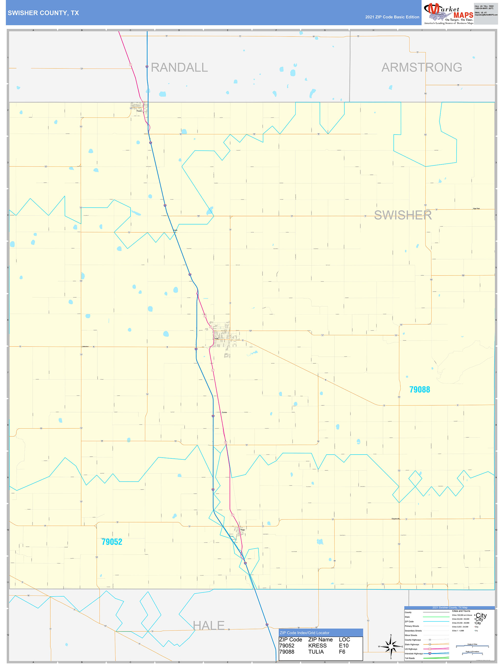 Swisher County, TX Zip Code Wall Map Basic Style by MarketMAPS