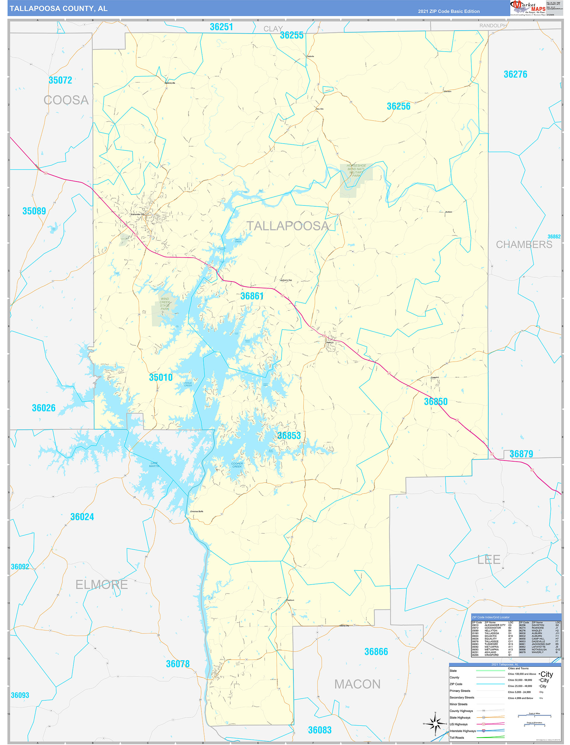 Tallapoosa County, AL Zip Code Wall Map Basic Style by MarketMAPS