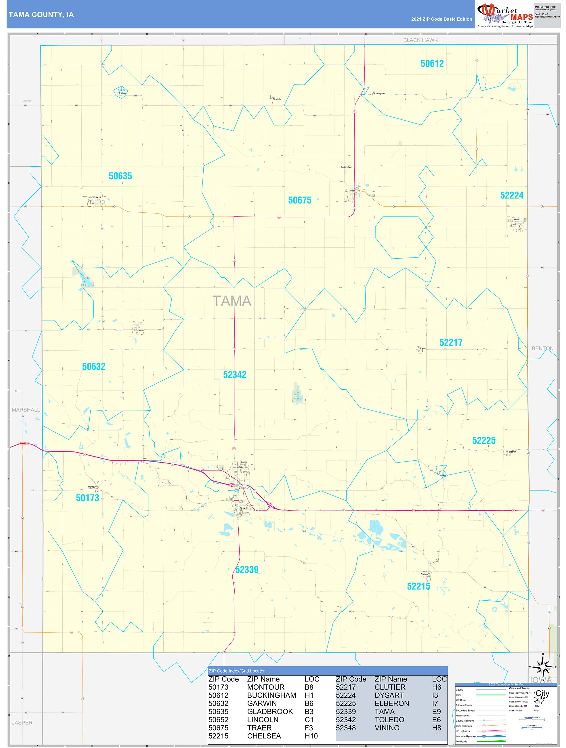 Tama County, IA Zip Code Wall Map Basic Style by MarketMAPS