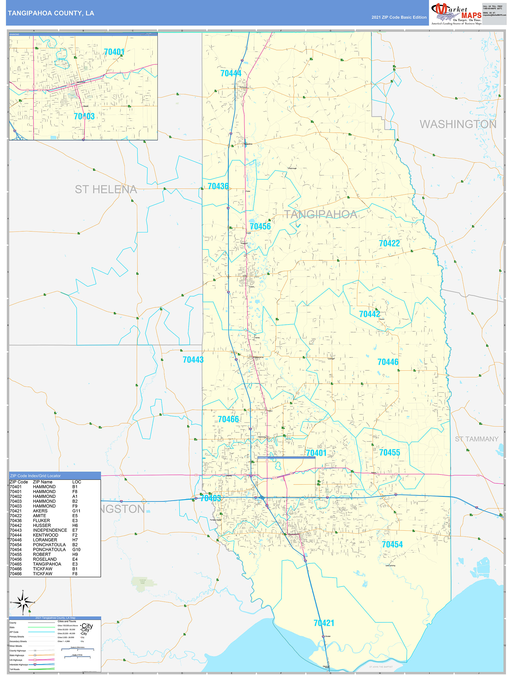 Tangipahoa County, LA Zip Code Wall Map Basic Style by MarketMAPS