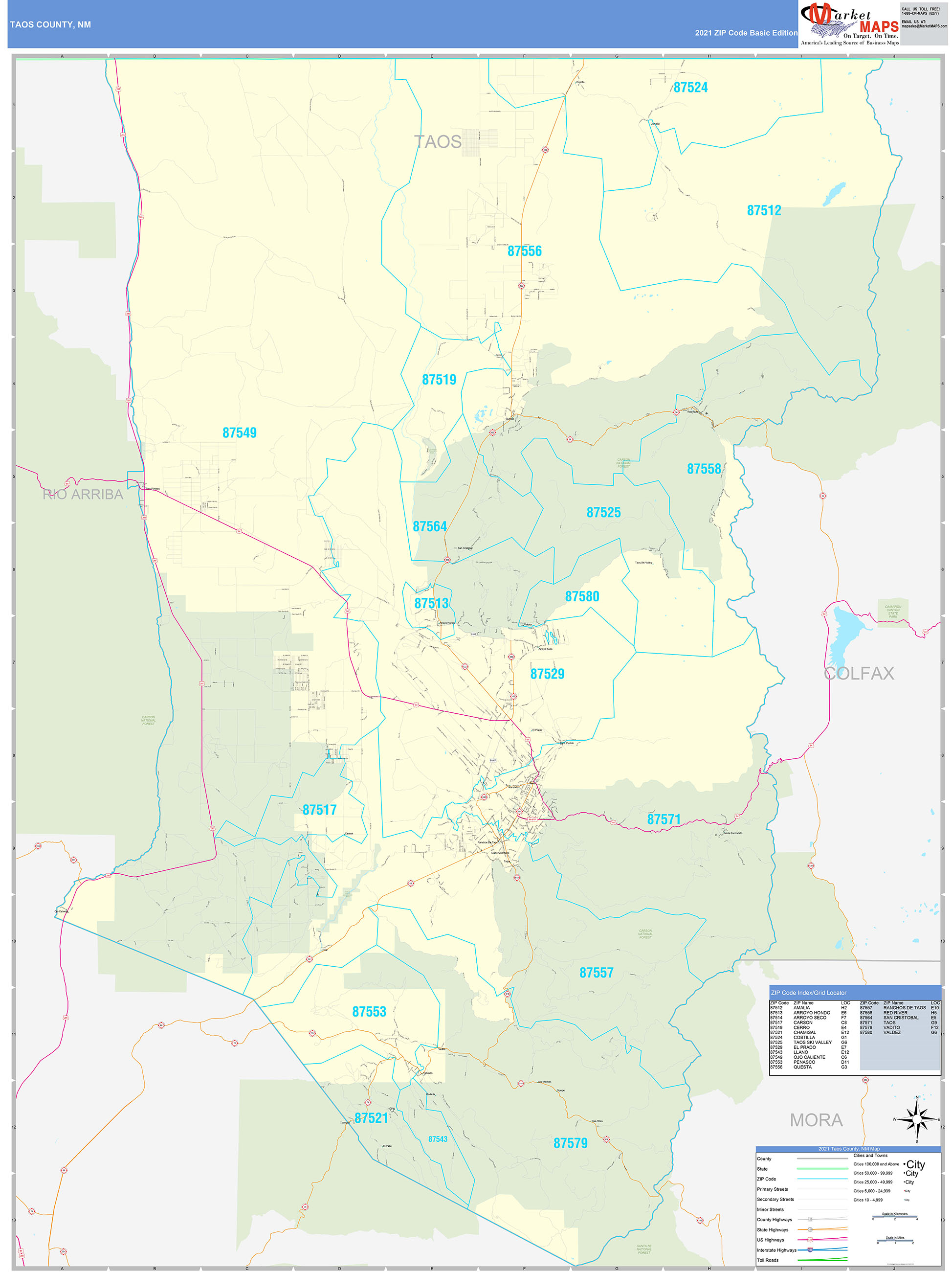 Taos County, NM Zip Code Wall Map Basic Style by MarketMAPS MapSales