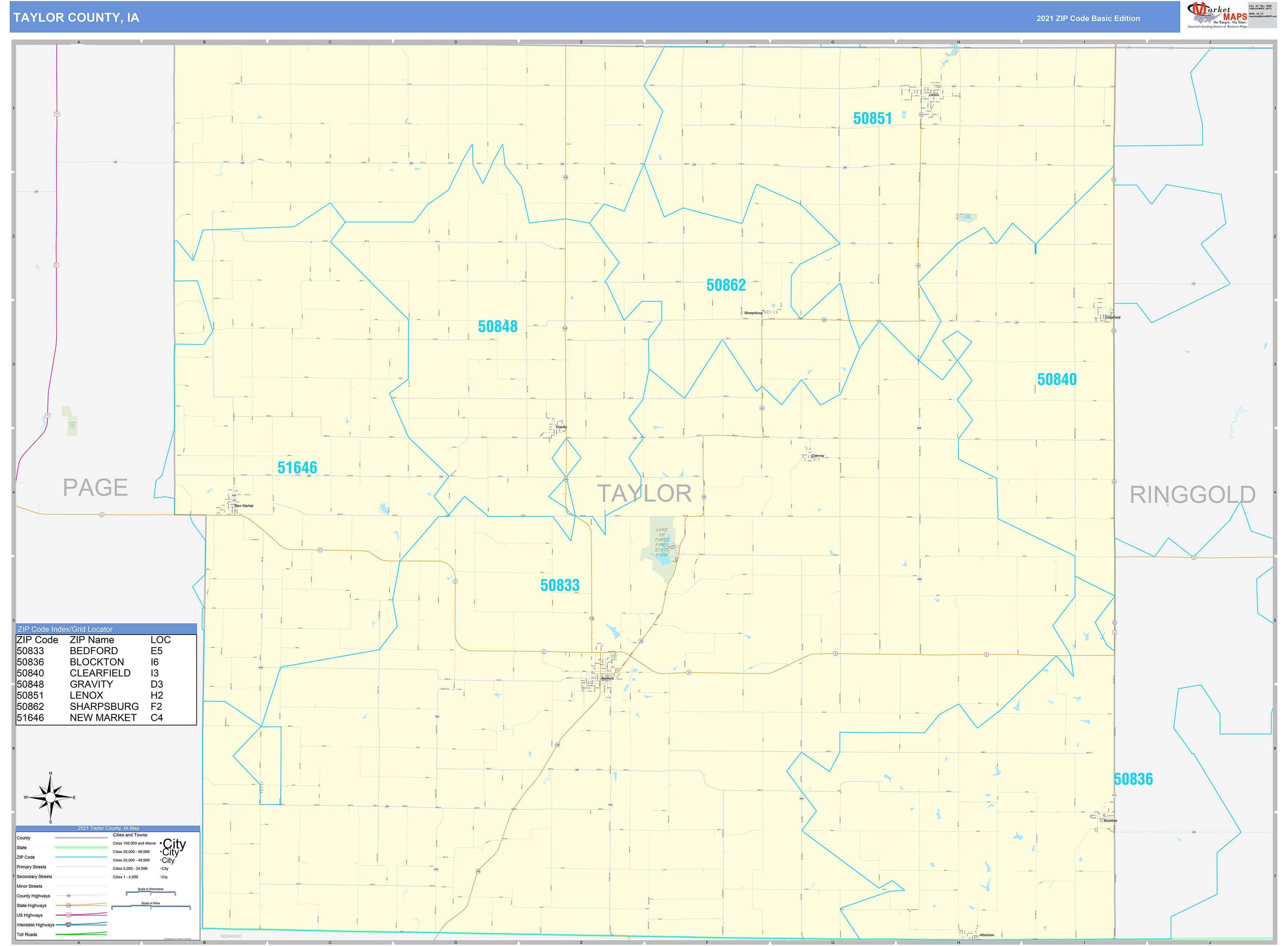Taylor County, IA Zip Code Wall Map Basic Style by MarketMAPS MapSales