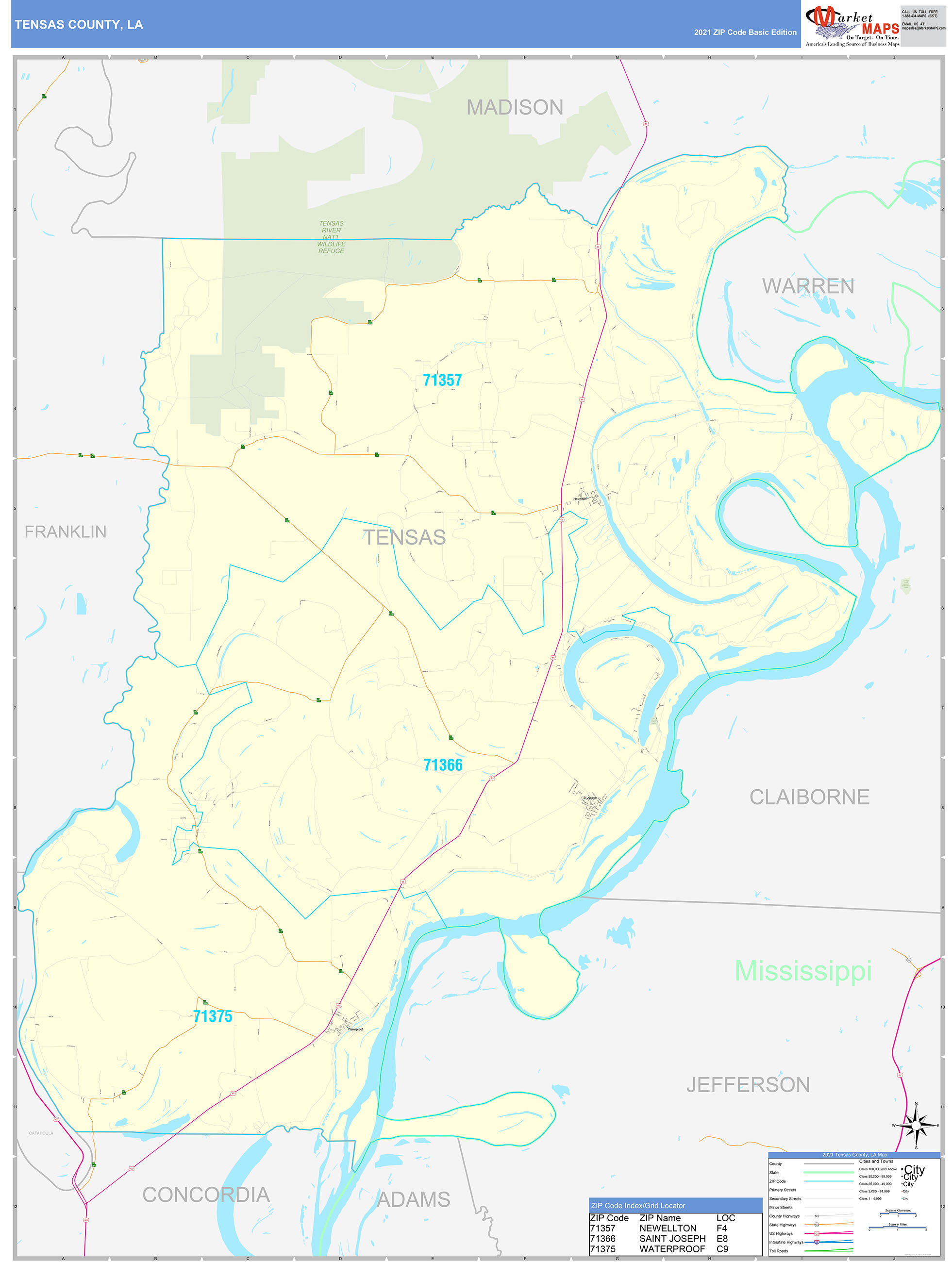 Tensas County, LA Zip Code Wall Map Basic Style by MarketMAPS