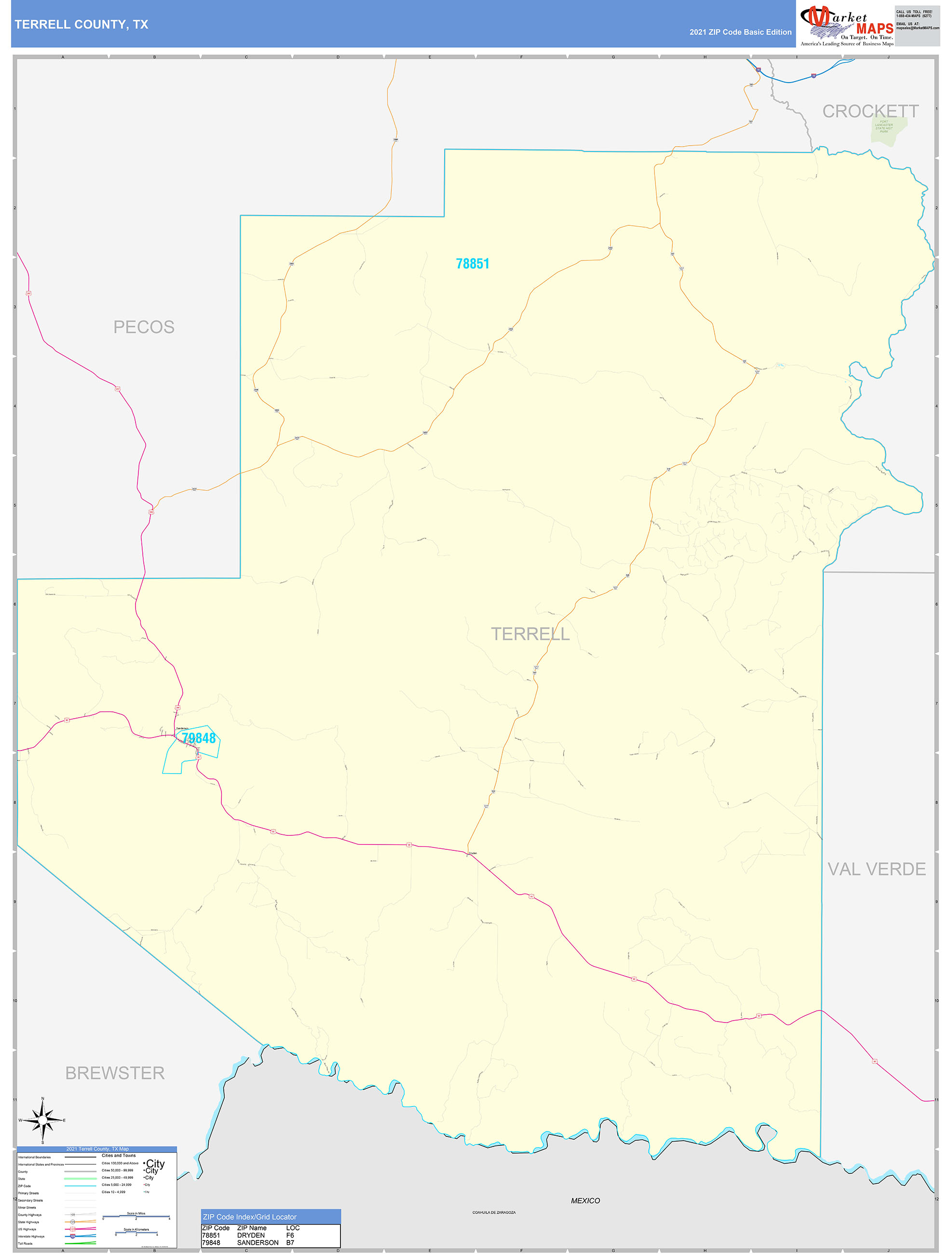Terrell County, TX Zip Code Wall Map Basic Style by MarketMAPS MapSales