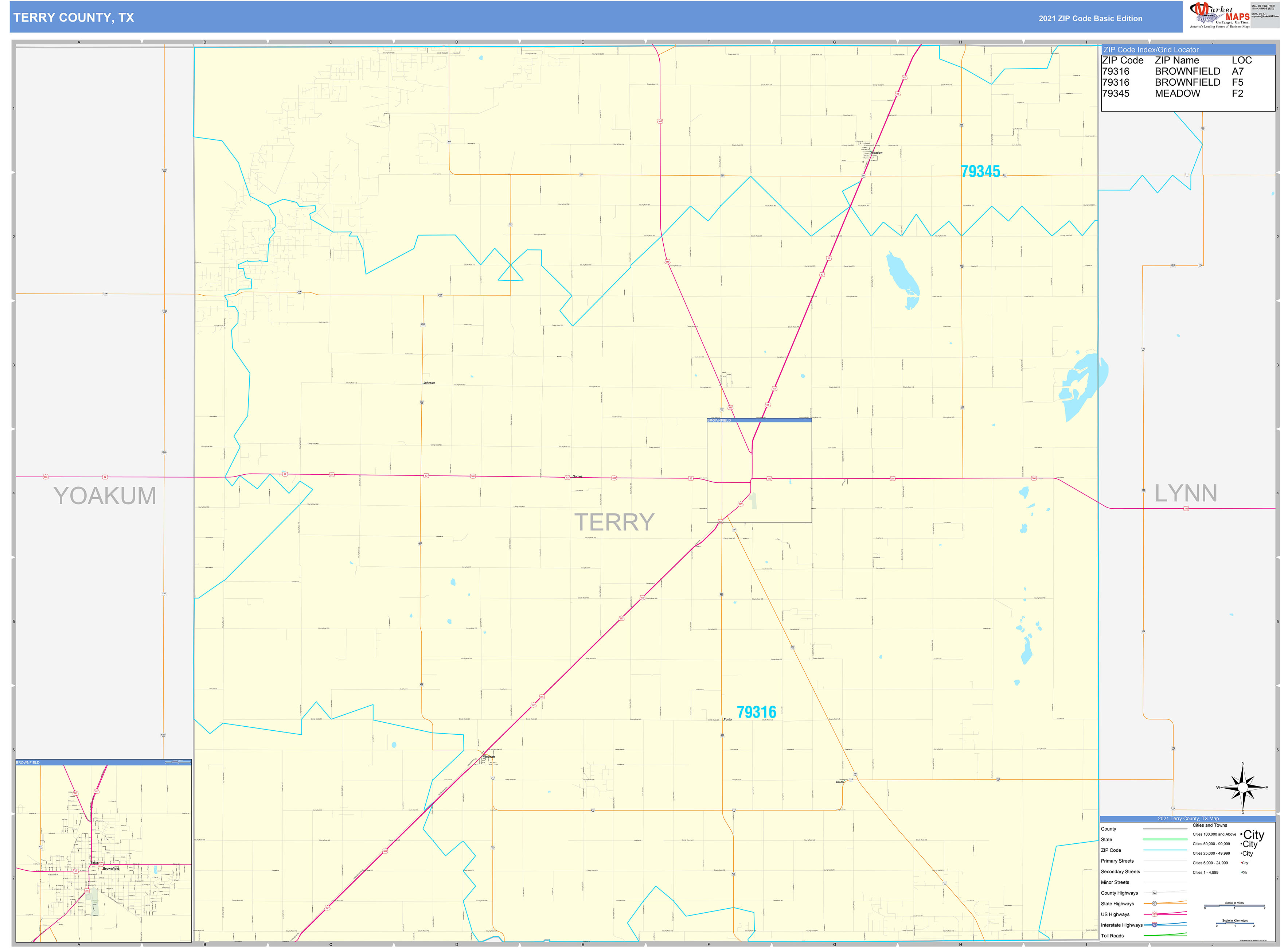 Terry County, TX Zip Code Wall Map Basic Style by MarketMAPS MapSales
