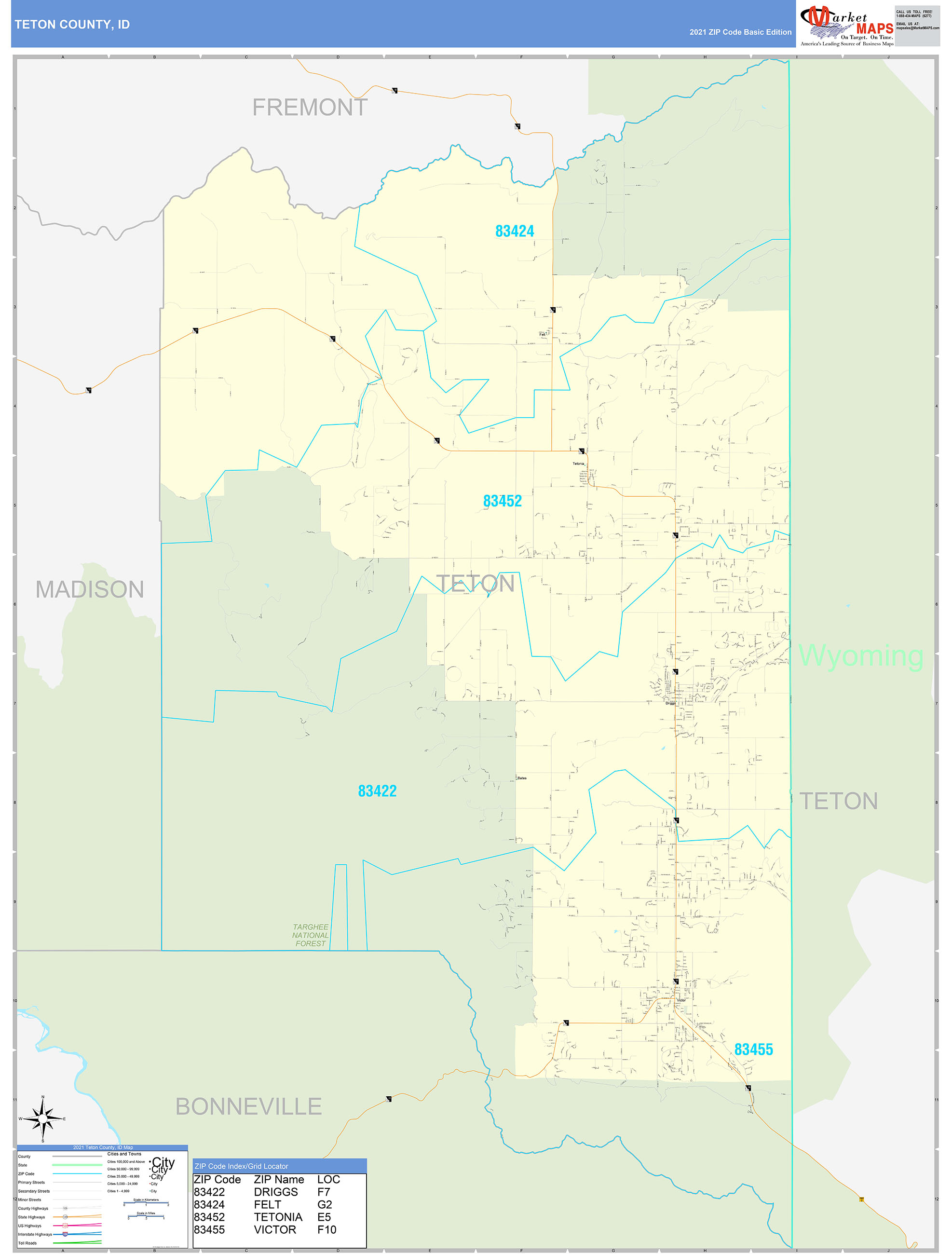 Teton County, ID Zip Code Wall Map Basic Style by MarketMAPS MapSales
