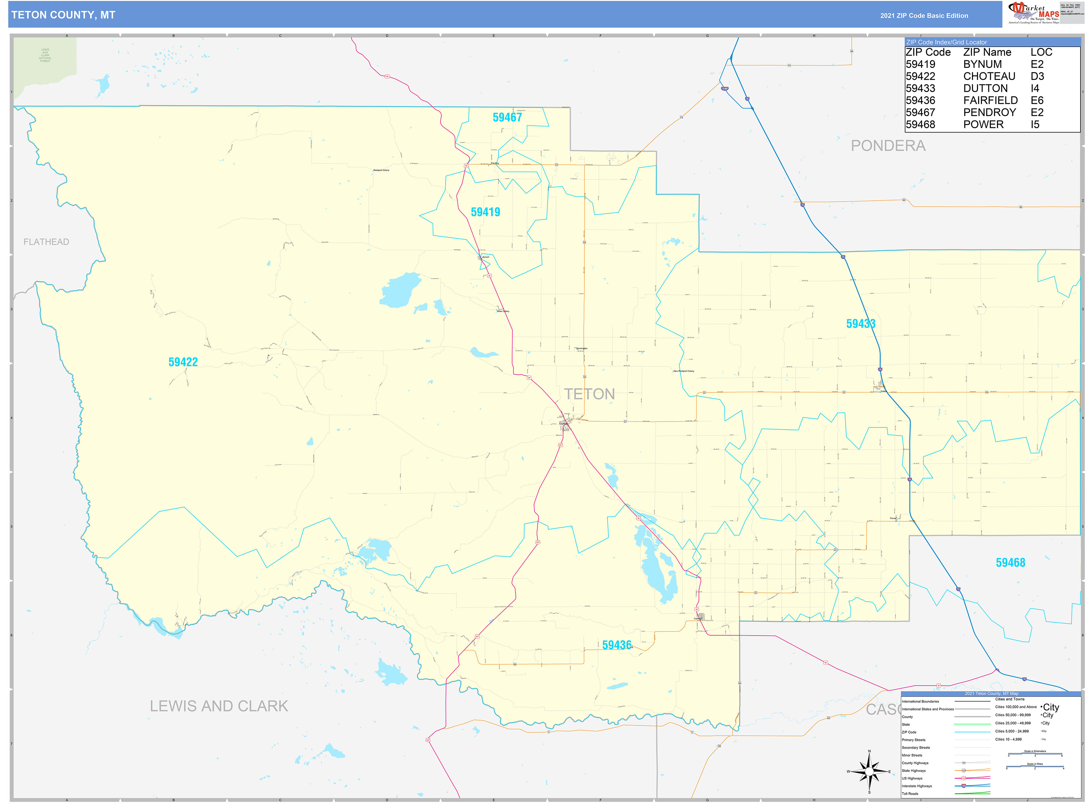 Teton County, MT Zip Code Wall Map Basic Style by MarketMAPS