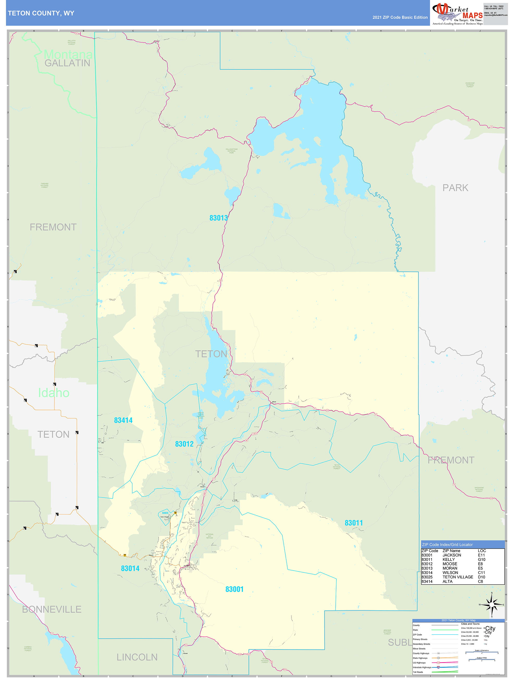 Teton County, WY Zip Code Wall Map Basic Style by MarketMAPS
