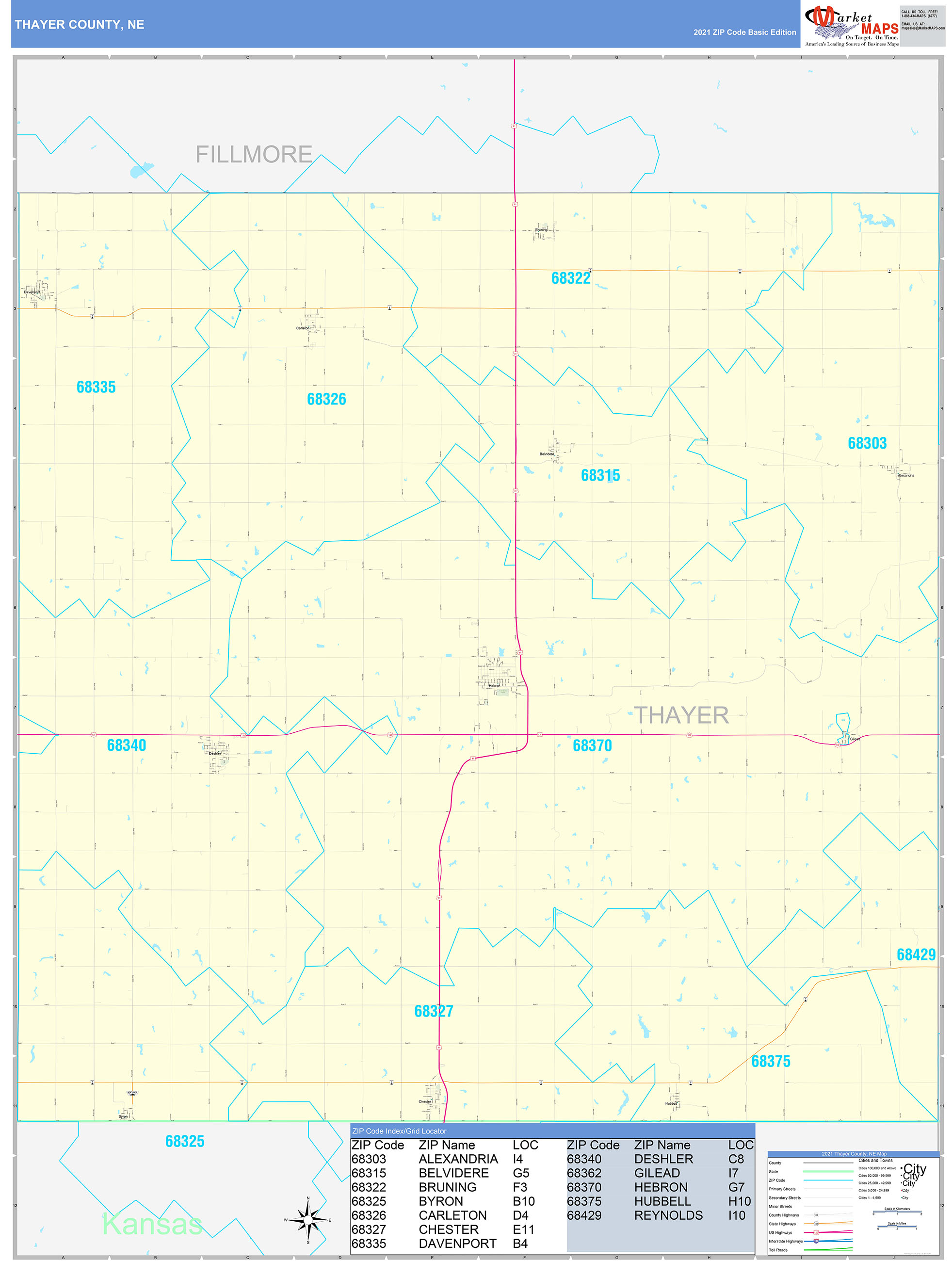 Thayer County, NE Zip Code Wall Map Basic Style by MarketMAPS