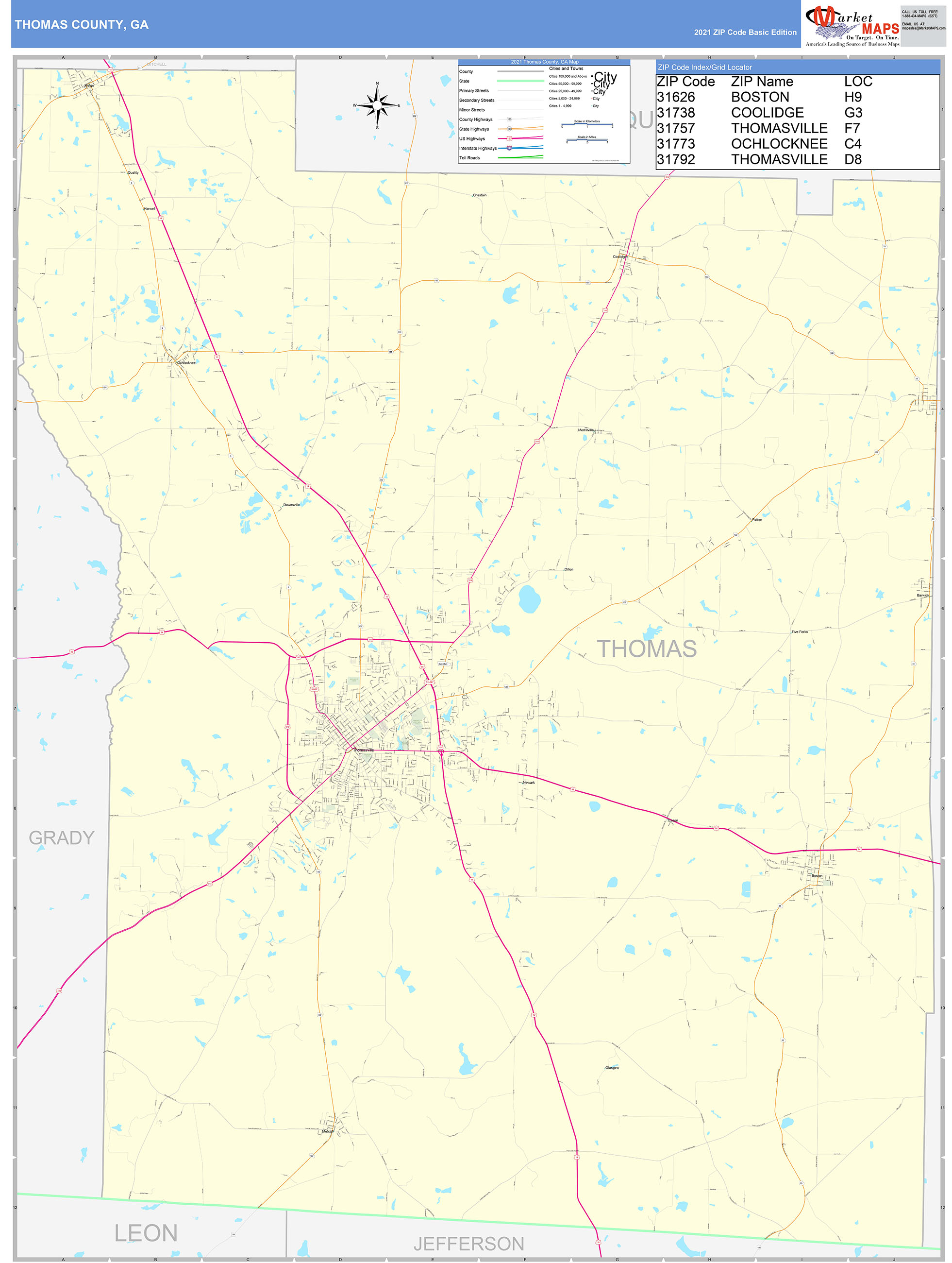 Thomas County, GA Zip Code Wall Map Basic Style by MarketMAPS MapSales