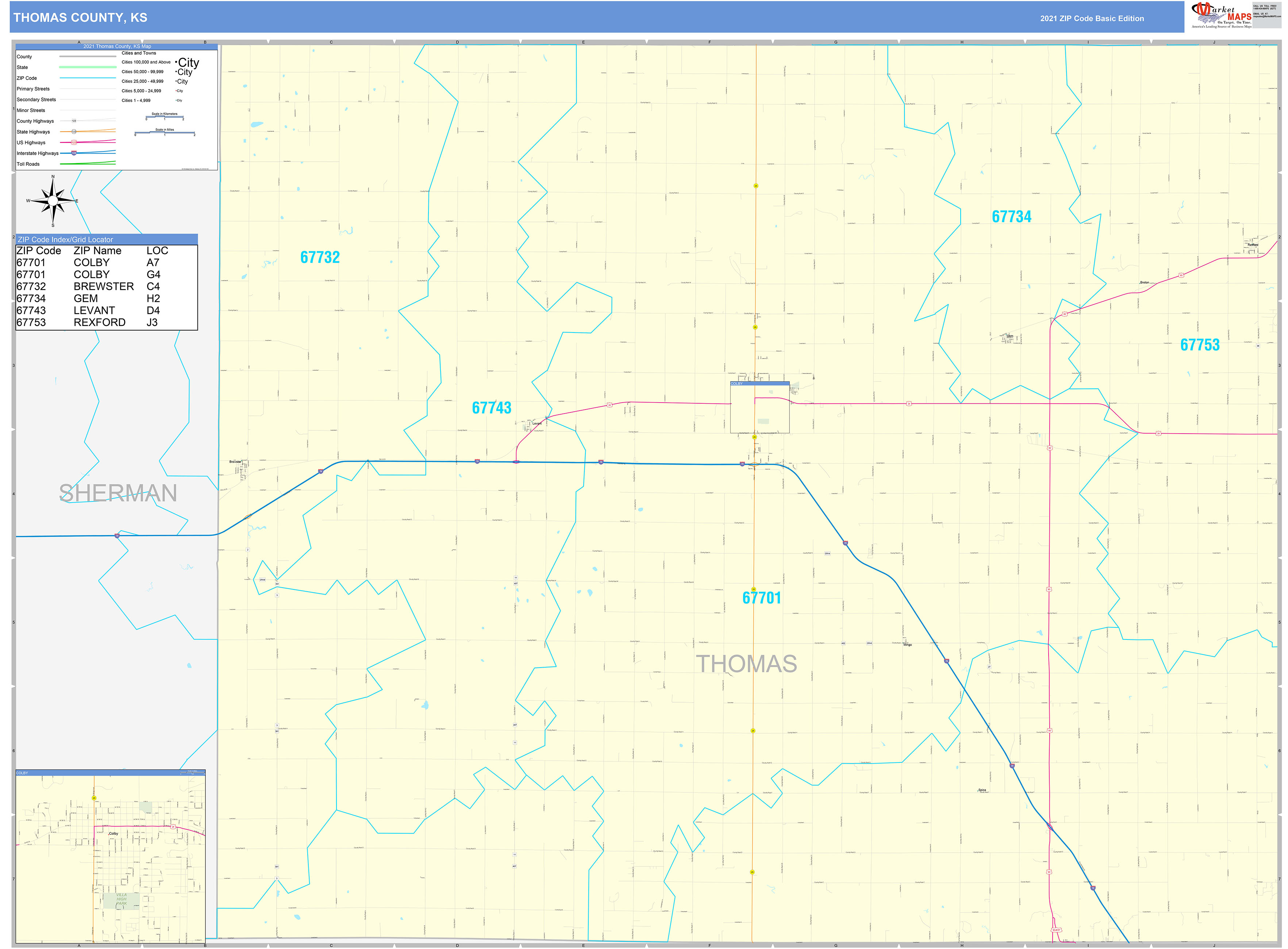 Thomas County, KS Zip Code Wall Map Basic Style by MarketMAPS MapSales