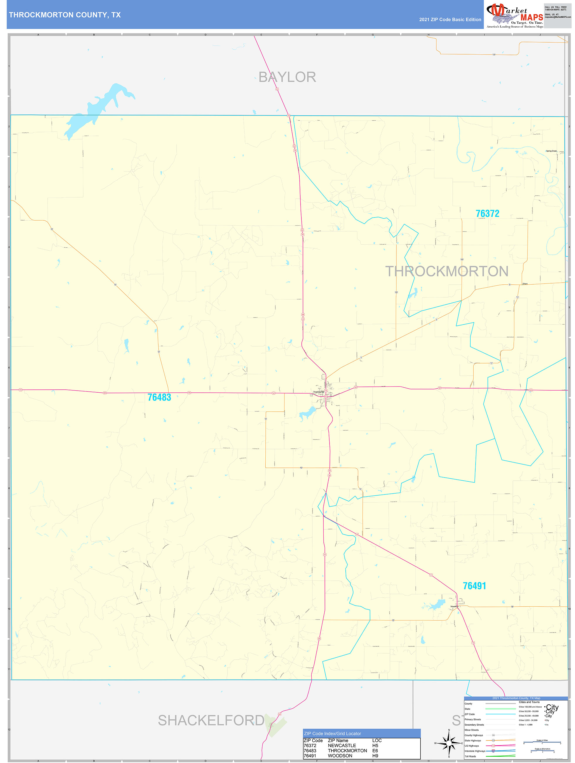 Throckmorton County, TX Zip Code Wall Map Basic Style by MarketMAPS