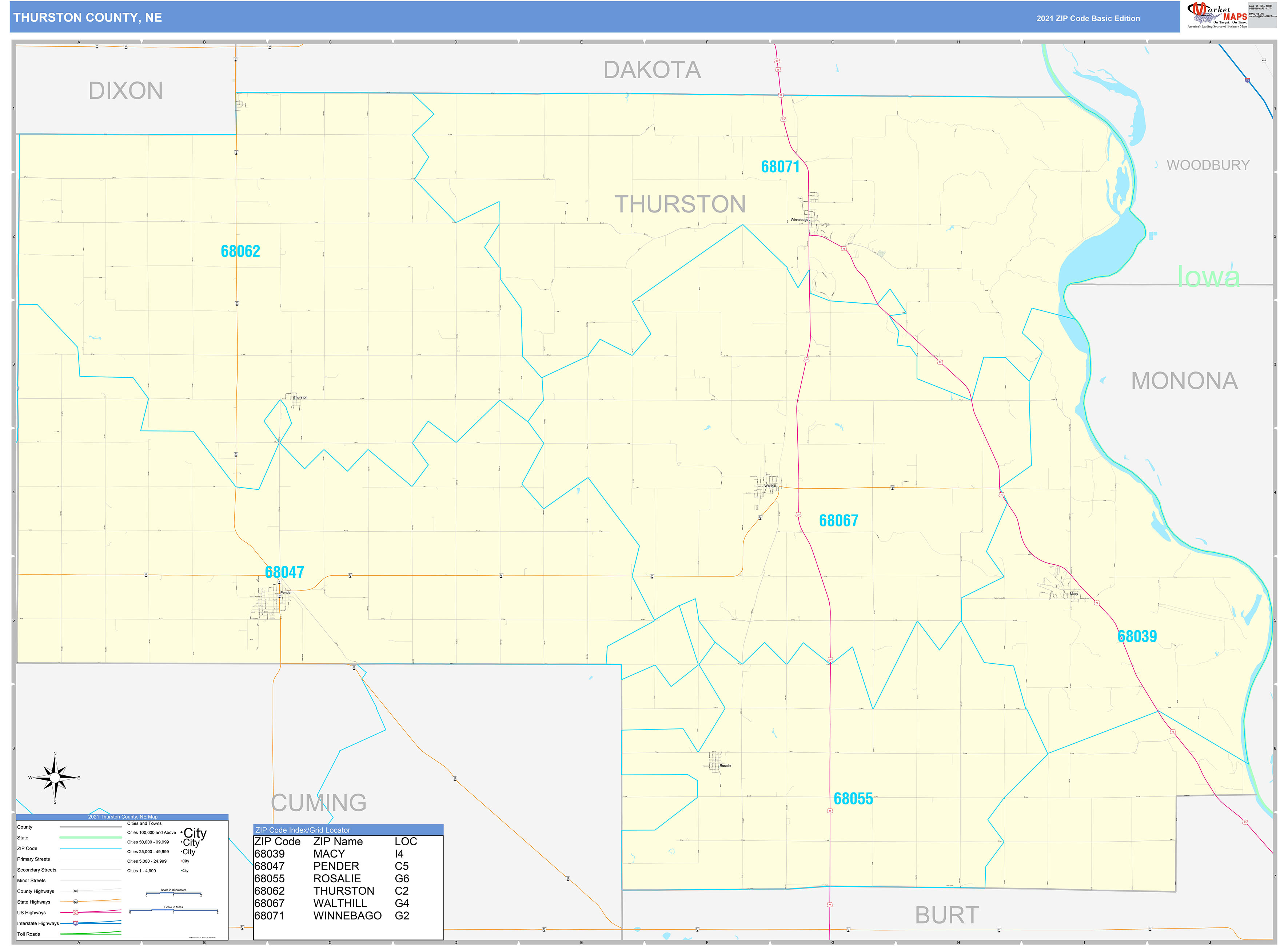 Thurston County Ne Zip Code Wall Map Basic Style By Marketmaps Mapsales