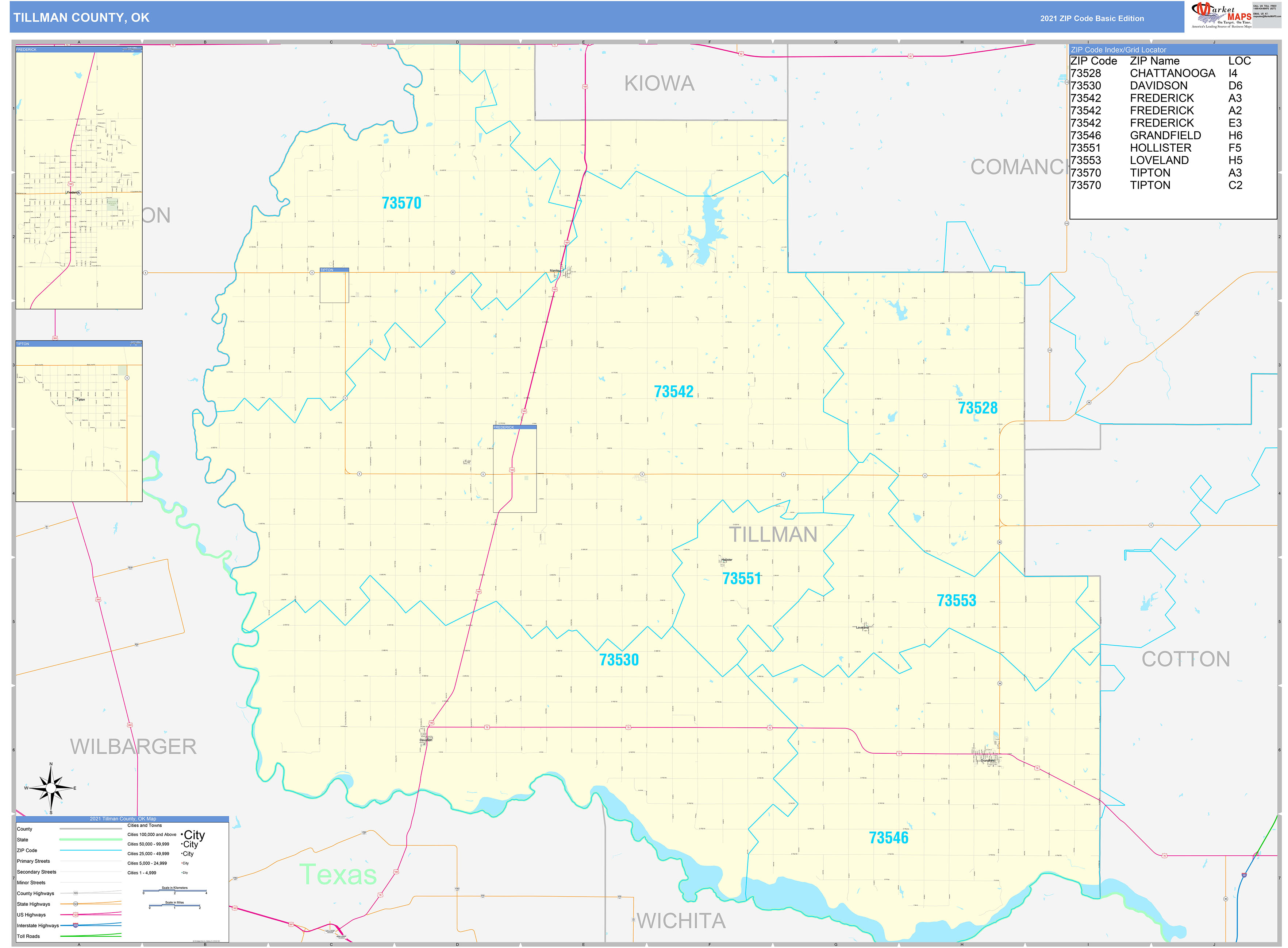 Tillman County, OK Zip Code Wall Map Basic Style by MarketMAPS