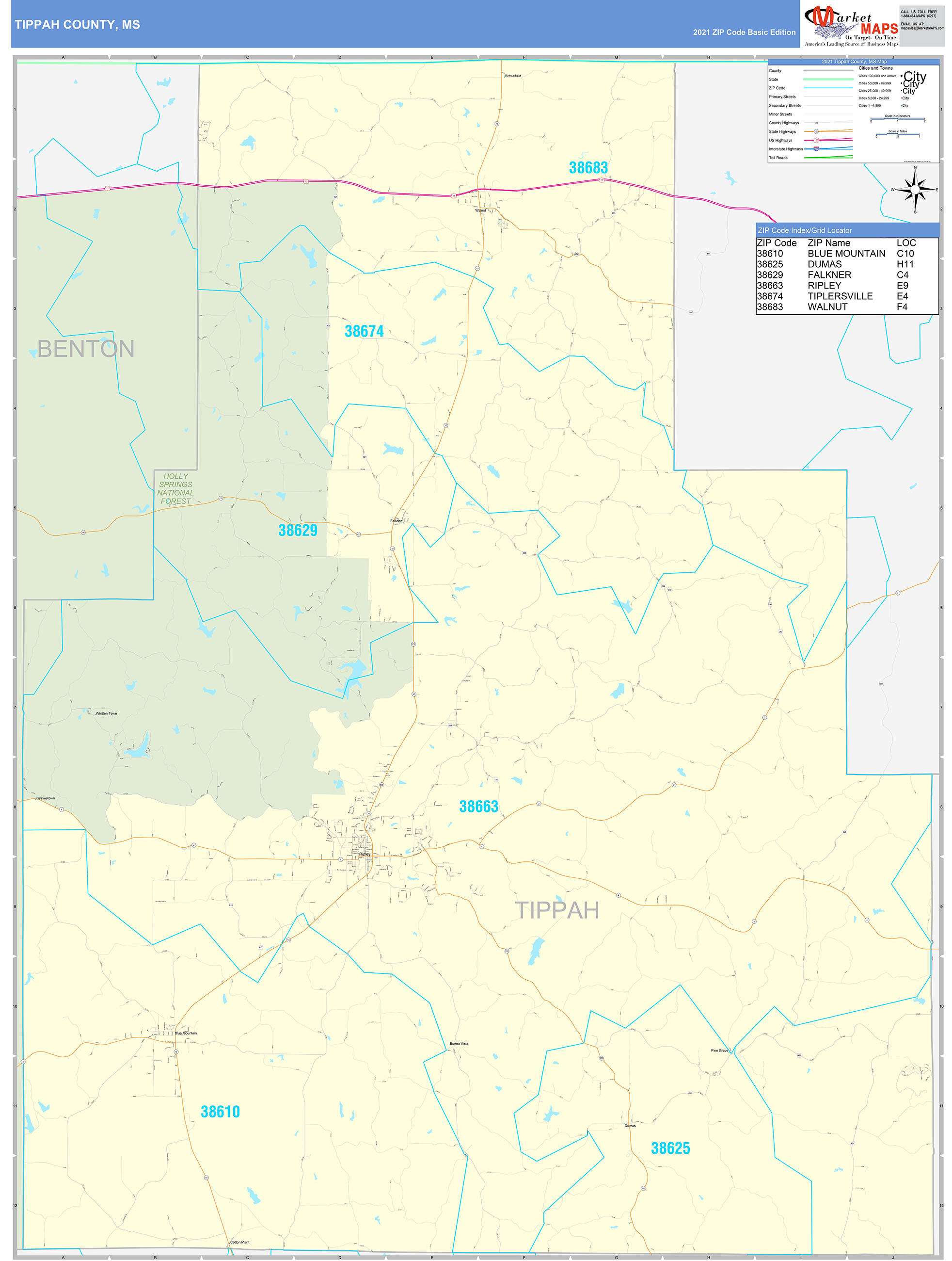 Tippah County, MS Zip Code Wall Map Basic Style by MarketMAPS