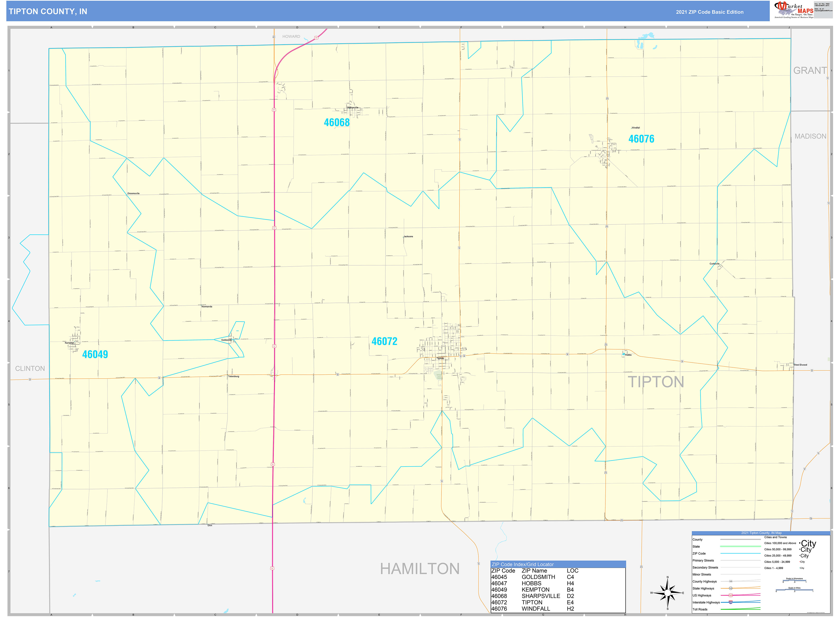 Tipton County, IN Zip Code Wall Map Basic Style by MarketMAPS