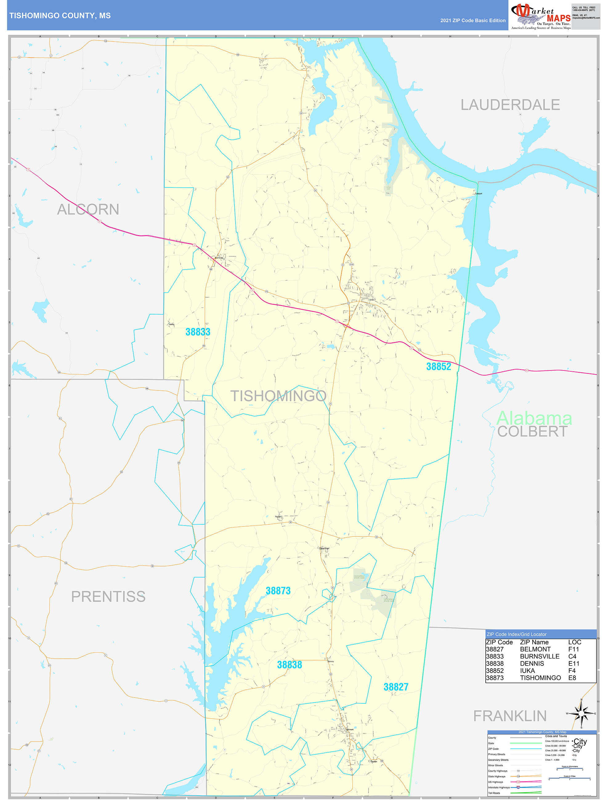 Tishomingo County, MS Zip Code Wall Map Basic Style by MarketMAPS