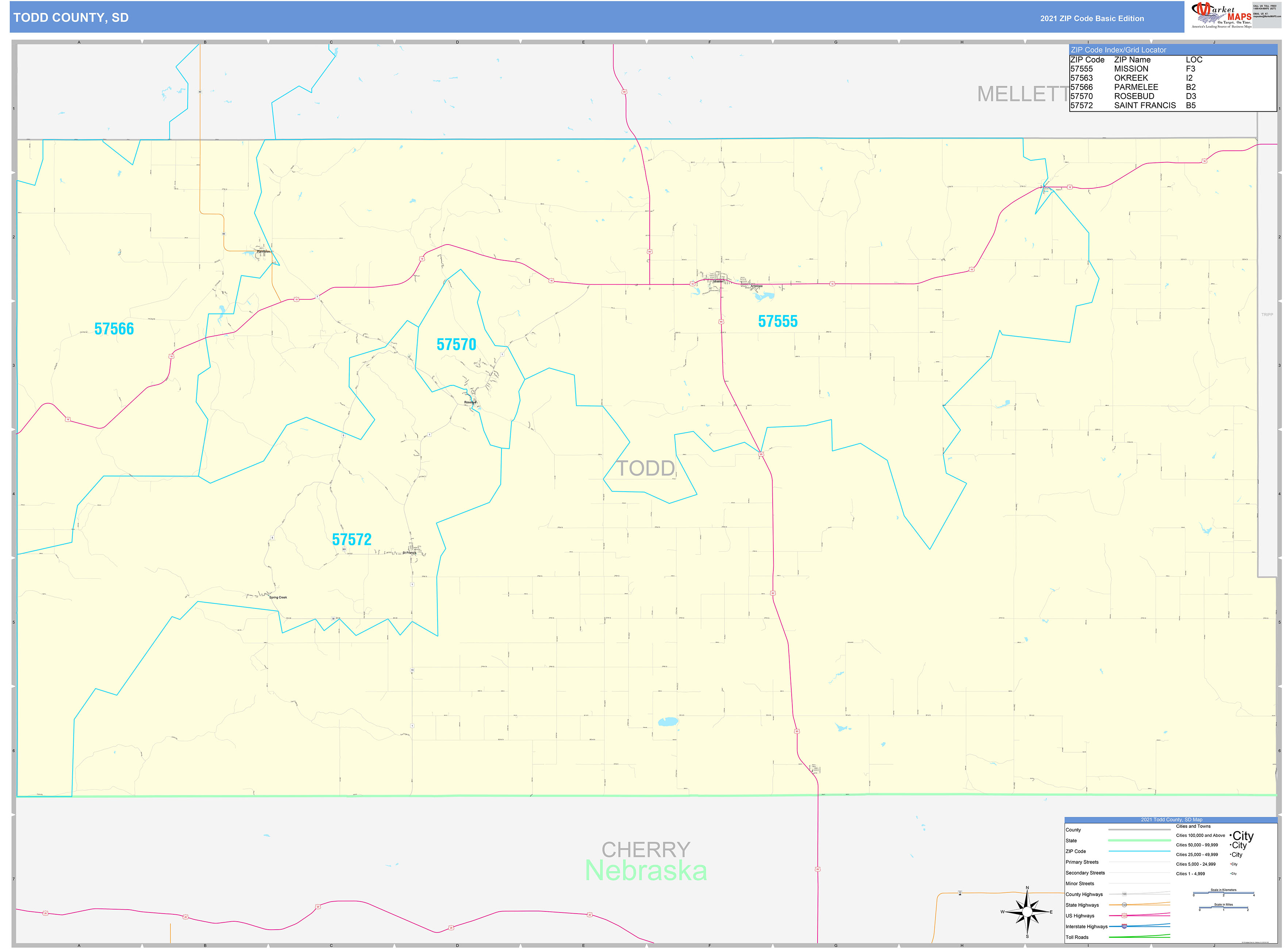 Todd County, SD Zip Code Wall Map Basic Style by MarketMAPS MapSales