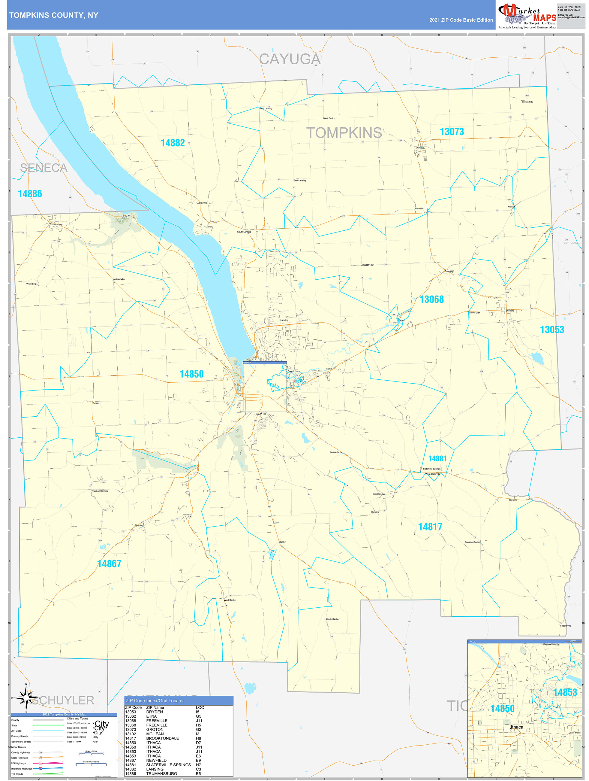 Tompkins County, NY Zip Code Wall Map Basic Style by MarketMAPS MapSales