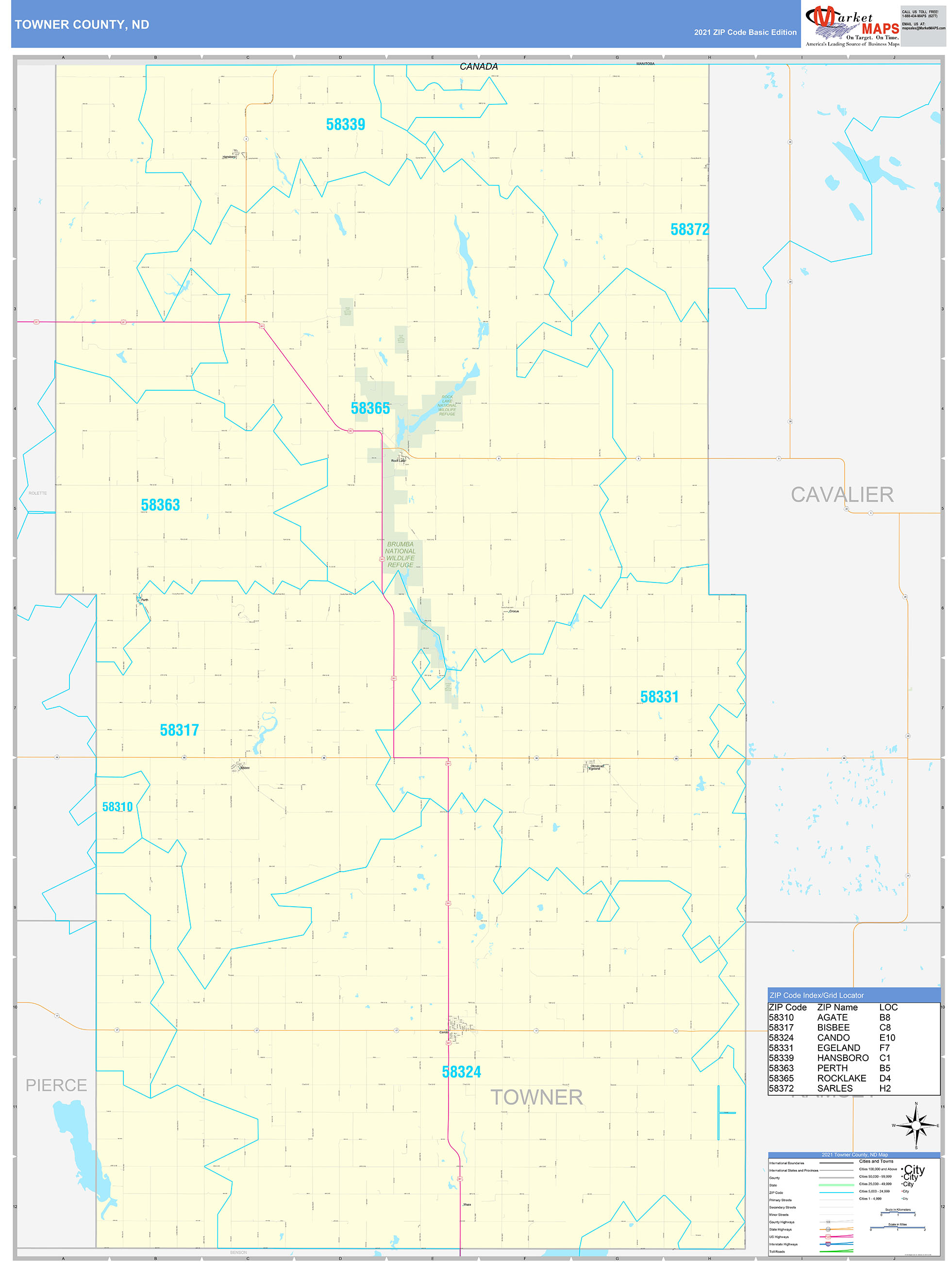 Towner County, ND Zip Code Wall Map Basic Style by MarketMAPS