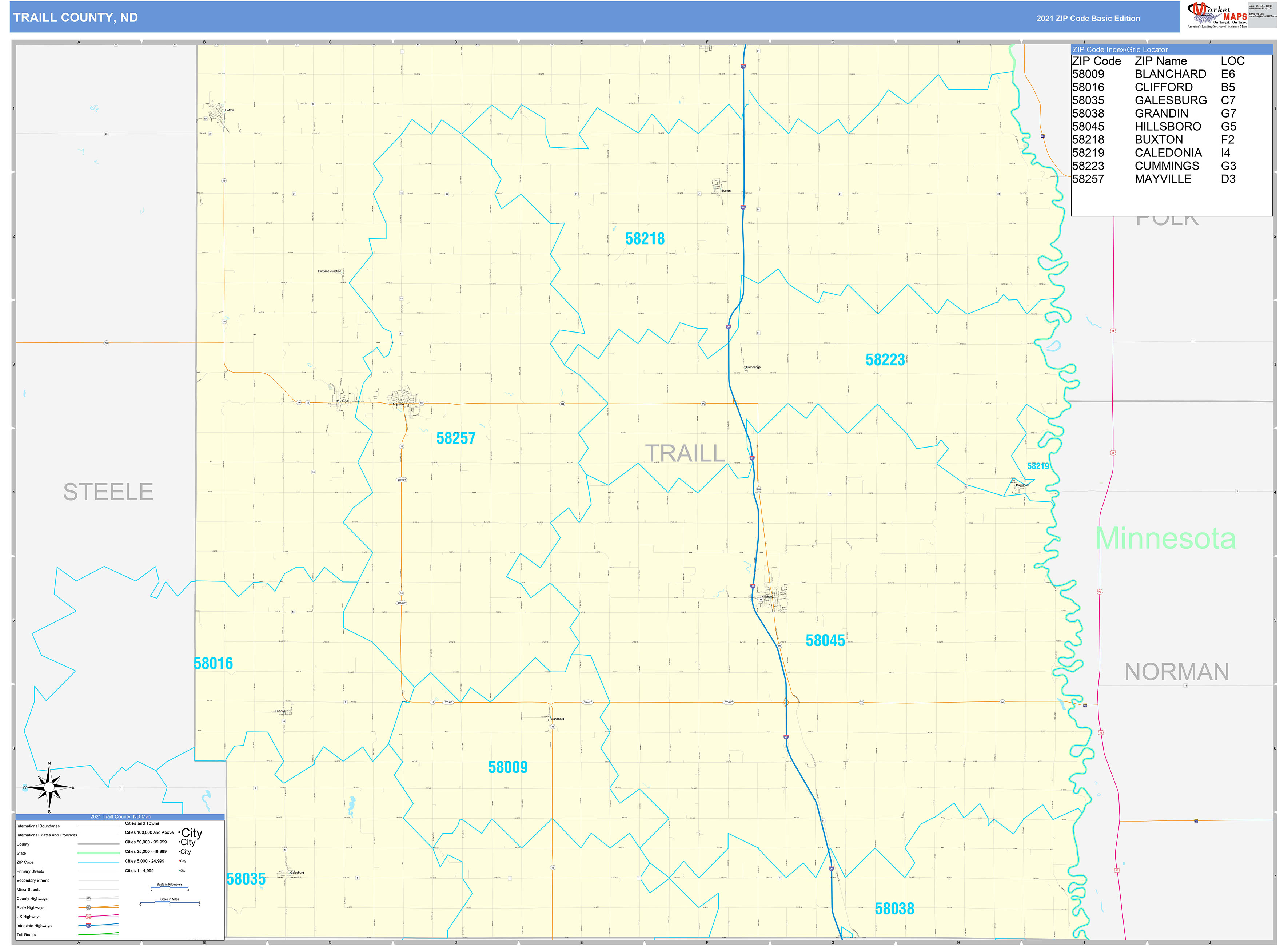 Traill County, ND Zip Code Wall Map Basic Style by MarketMAPS MapSales