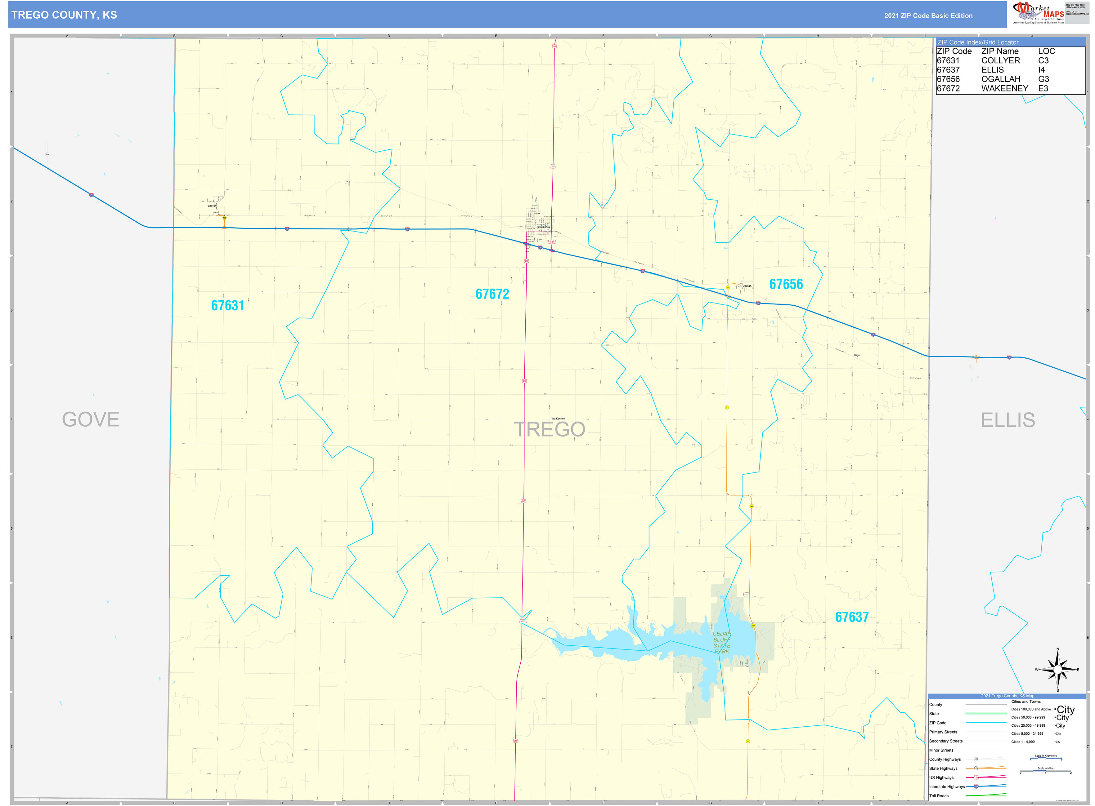 Trego County, KS Zip Code Wall Map Basic Style by MarketMAPS